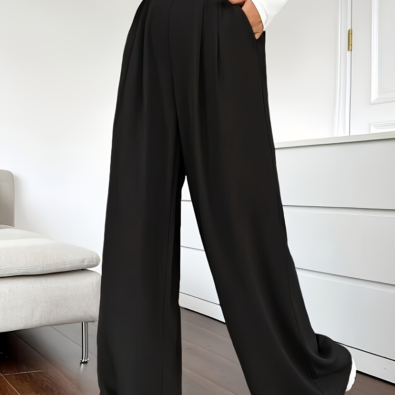 Solid Color High Waist Pants, Elegant Dual Pockets Wide Leg Pants For Spring & Summer, Women's Clothing - Mammalook