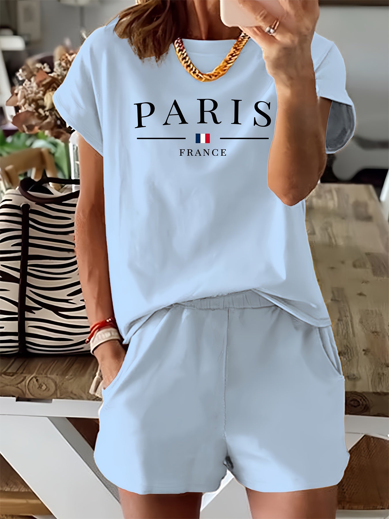 Women's Casual Two-Piece Set: 'Paris' Print Crew Neck Short Sleeve T-Shirt & Elastic Waist Slant Pocket Shorts - Mammalook