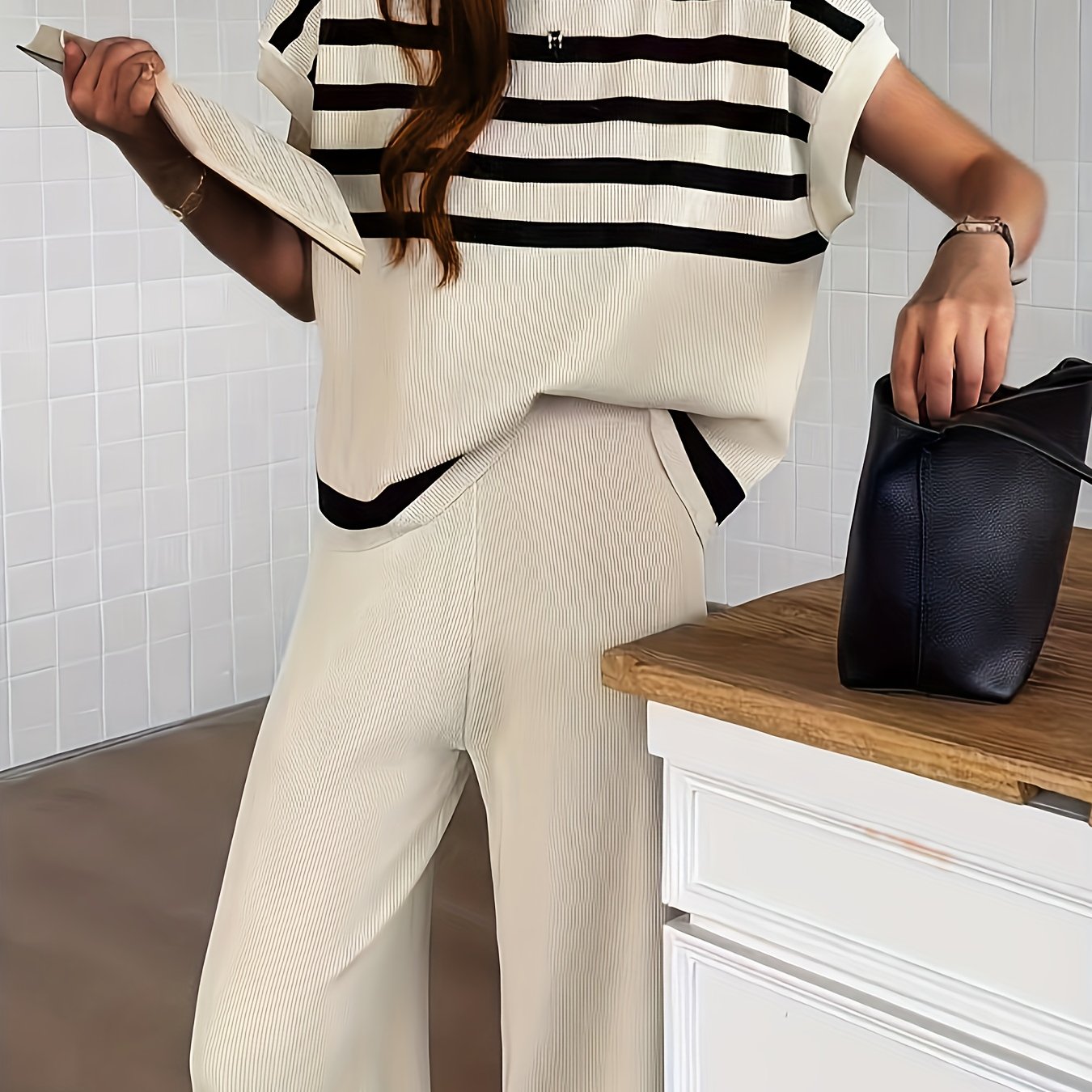 Striped Print Elegant Pantsuit for Women - Crew Neck, Micro Elasticity, Viscose Material, Wide Leg, Batwing Sleeve, Knit Fabric - Perfect for Spring and Summer Outfits - Mammalook