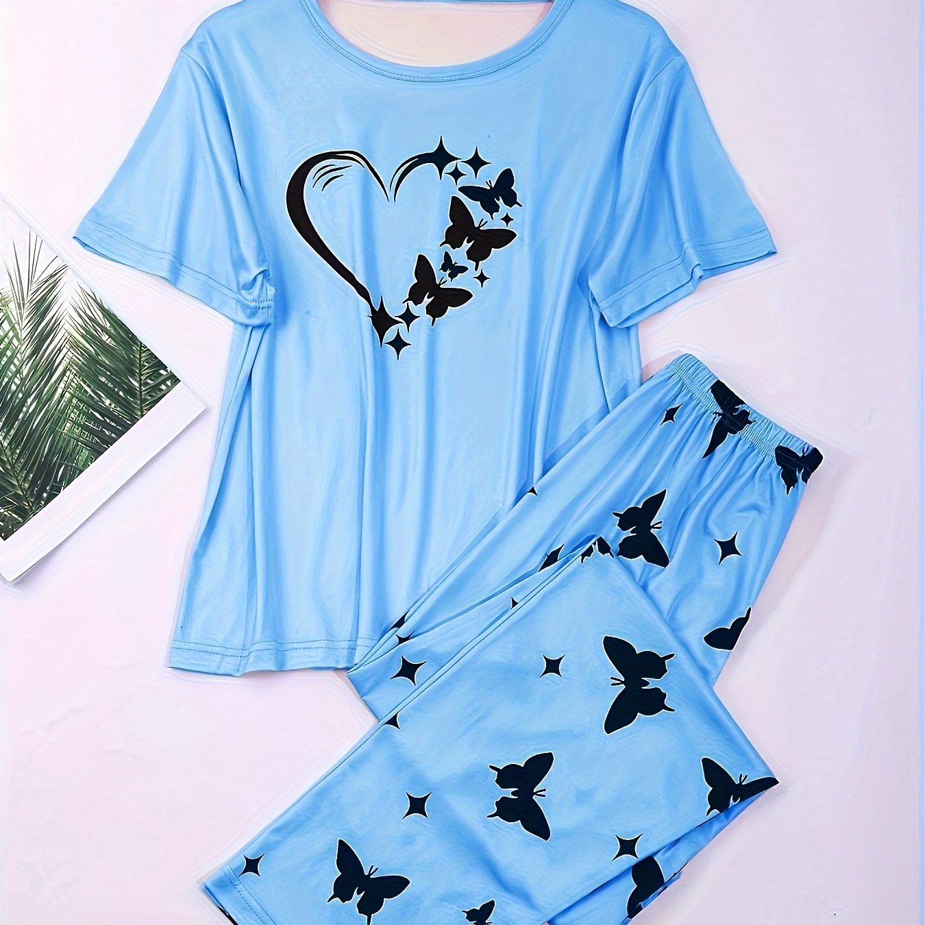Women's Heart & Butterfly Print Pajama Set - Comfortable Short Sleeve Top and Loose Long Pants for Lounging and Sleeping - Mammalook
