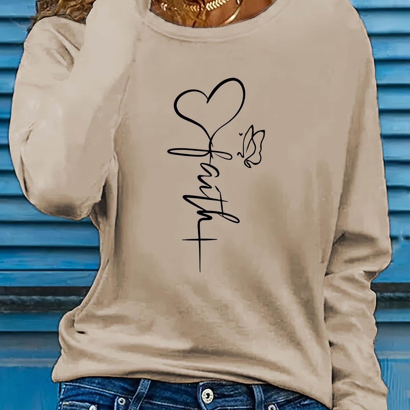 Butterfly & Heart Print Crew Neck T-Shirt, Casual Long Sleeve T-Shirt For Spring & Fall, Women's Clothing - Mammalook