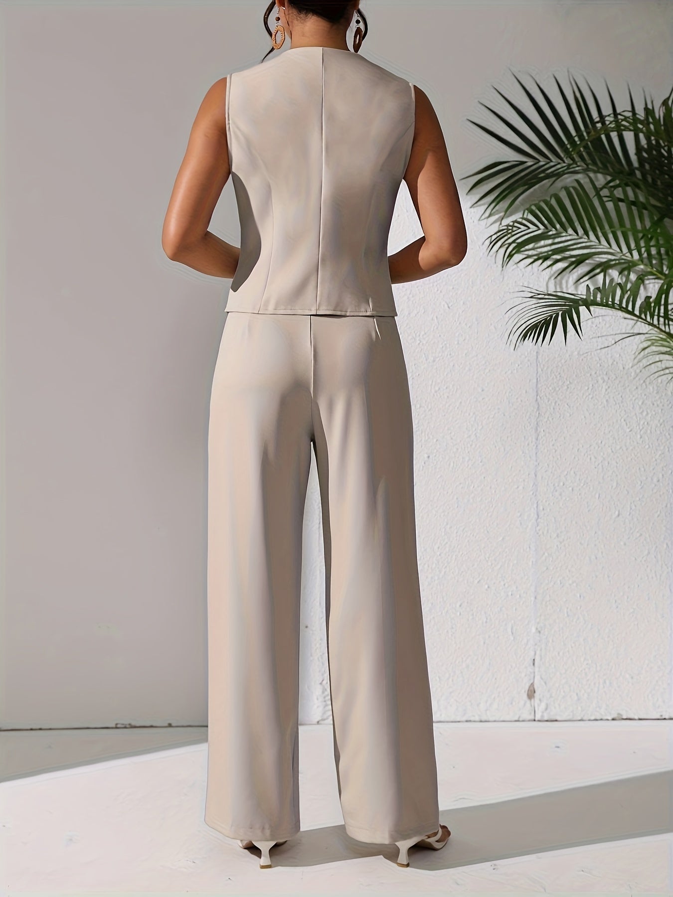 Elegant Solid Color Pants Set, Single Breasted V Neck Vest & Pocket Pants Outfits, Women's Clothing - Mammalook