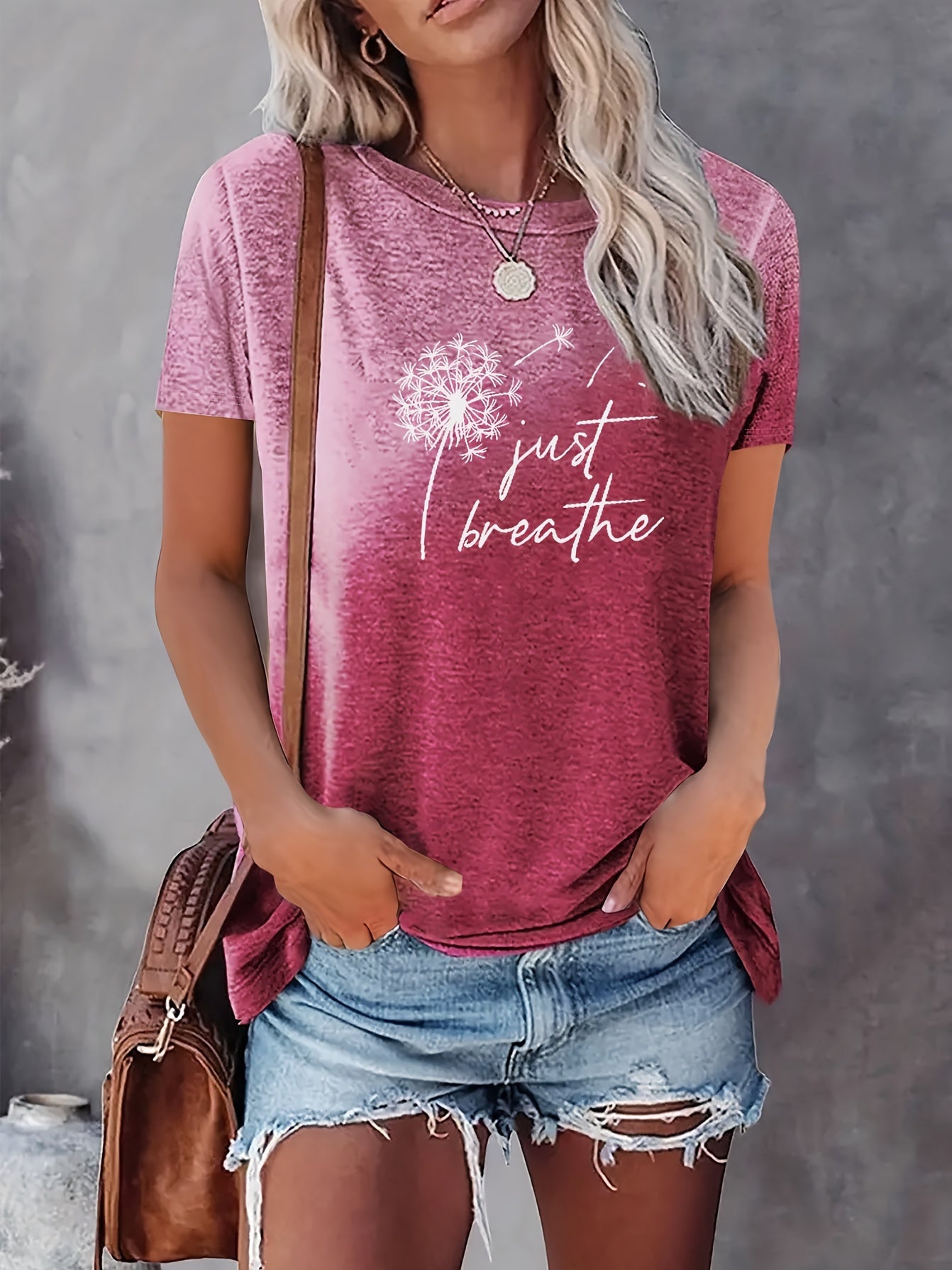 Just Breathe & Dandelion Print T-shirt, Casual Crew Neck Short Sleeve Top, Women's Clothing - Mammalook