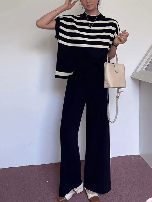 Striped Print Elegant Pantsuit for Women - Crew Neck, Micro Elasticity, Viscose Material, Wide Leg, Batwing Sleeve, Knit Fabric - Perfect for Spring and Summer Outfits - Mammalook