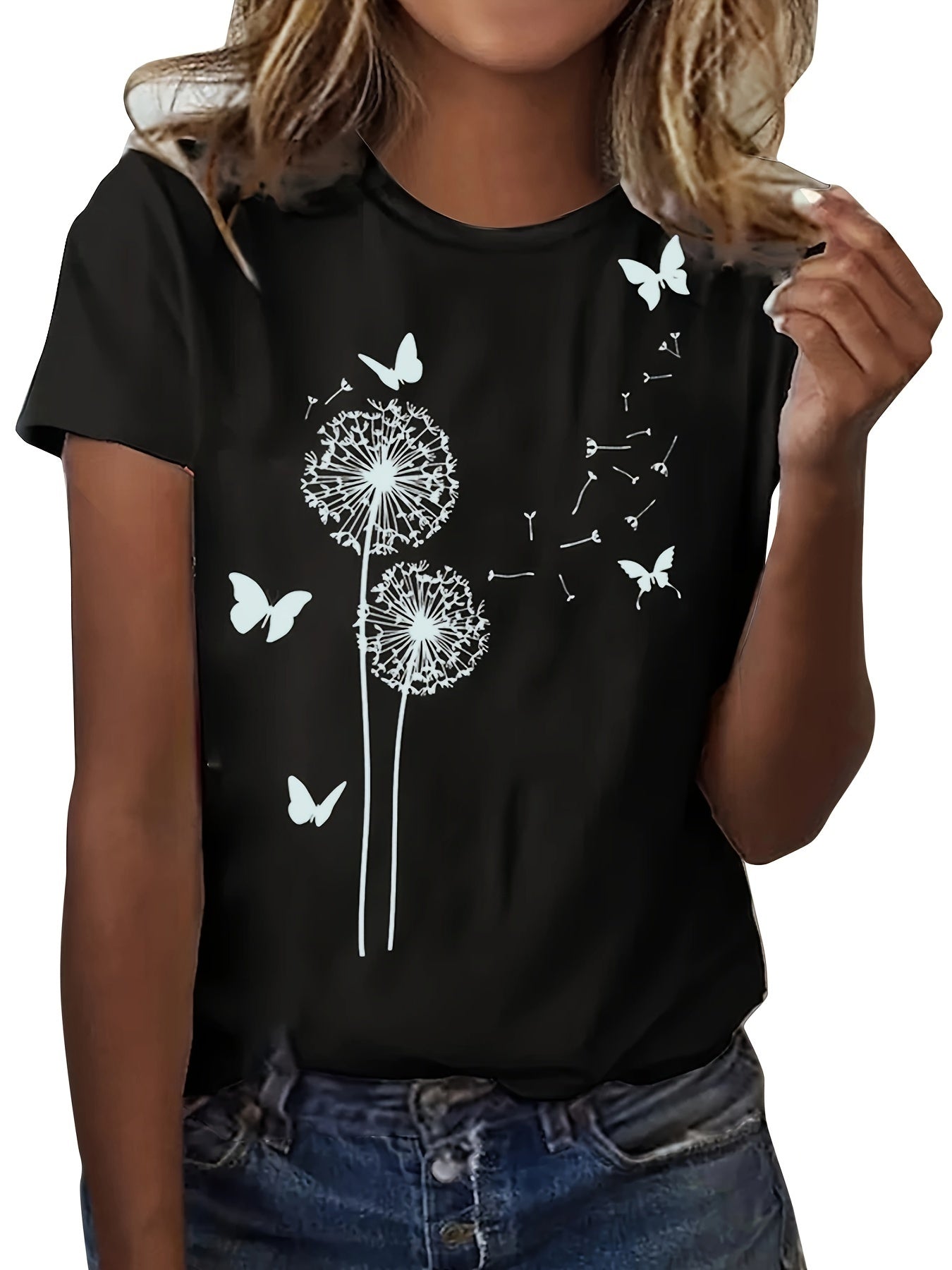 Dandelion & Butterfly Print T-Shirt, Casual Crew Neck Short Sleeve Top For Spring & Summer, Women's Clothing - Mammalook