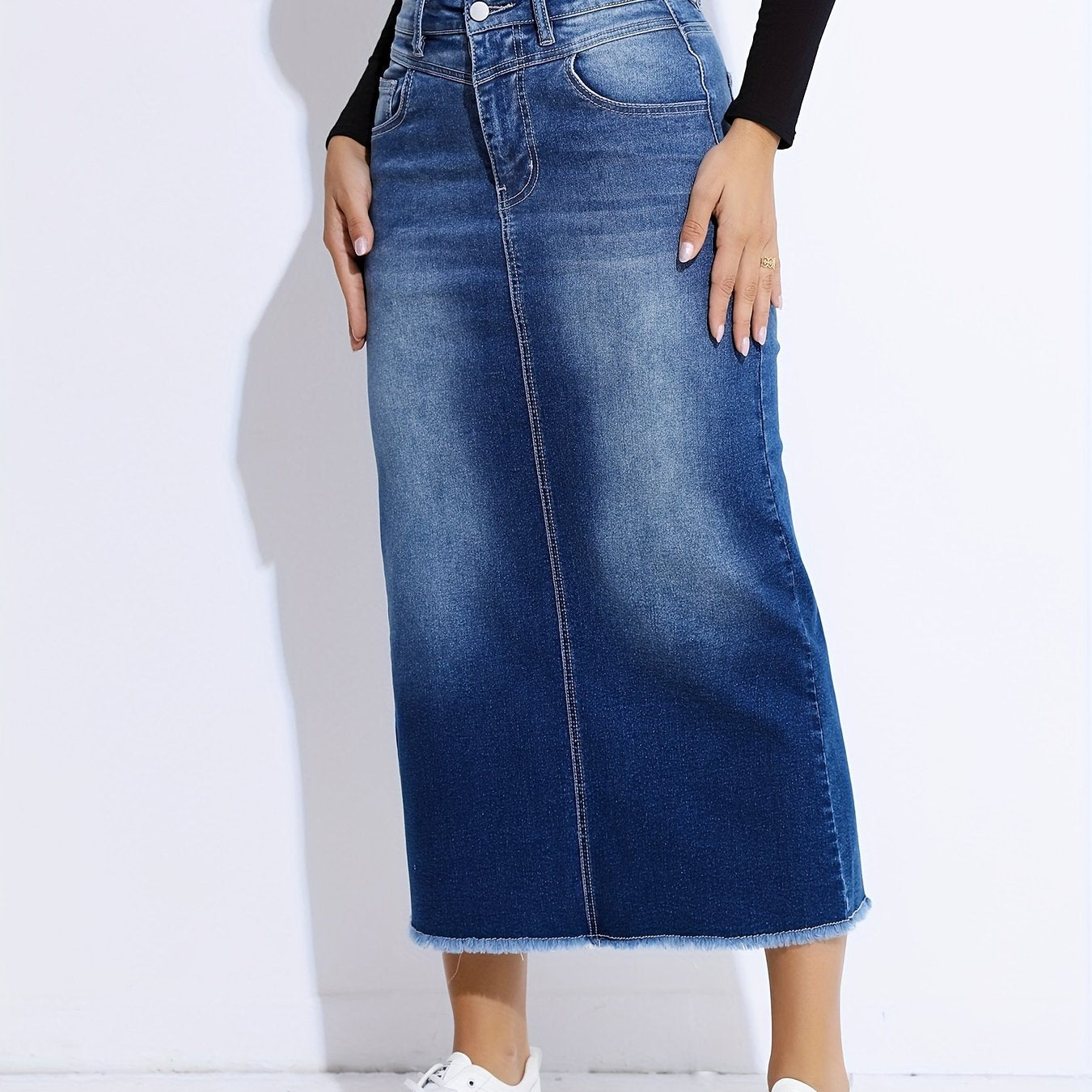 Blue Raw Hem Denim Skirt, High-Stretch Slant Pockets Split Back Denim Midi Skirt, Women's Denim Clothing - Mammalook