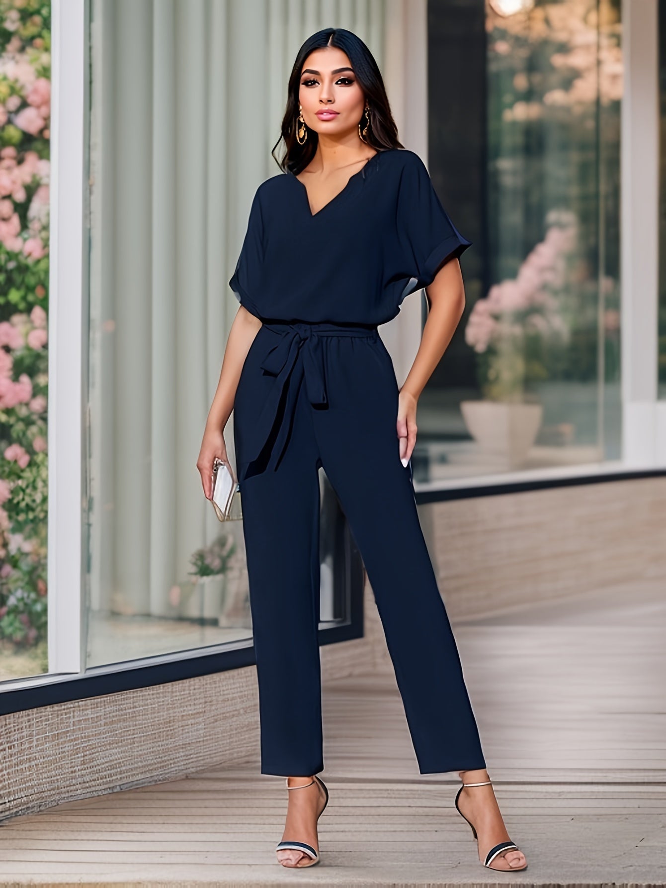 Elegant Solid Color Pants Set, Notched Neck Short Sleeve Blouse & Belted Straight Leg Simple Pants, Women's Clothing - Mammalook