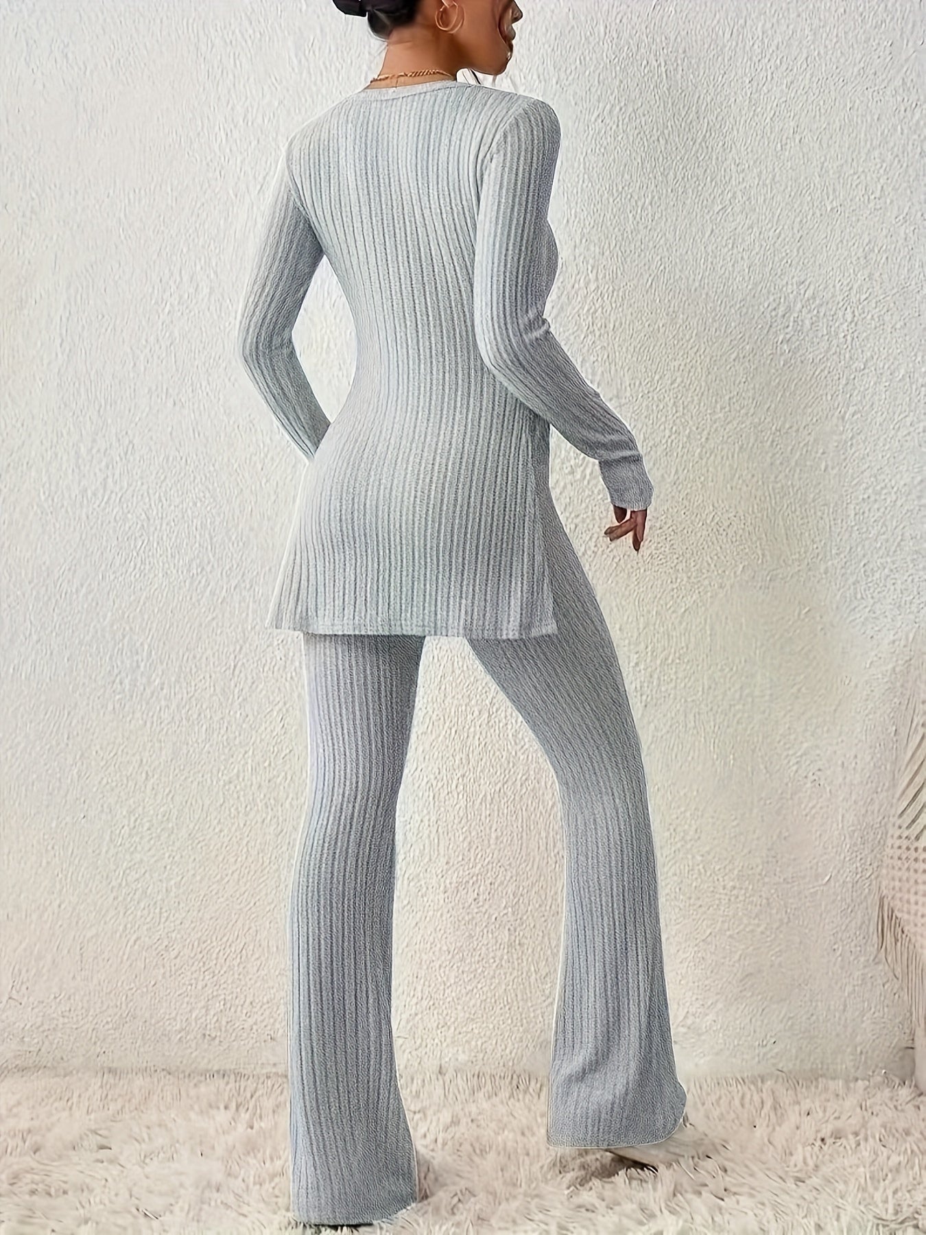 Ribbed Solid Two-piece Set, Split Crew Neck Long Sleeve Tops & Flared Leg Pants Outfits, Women's Clothing - Mammalook