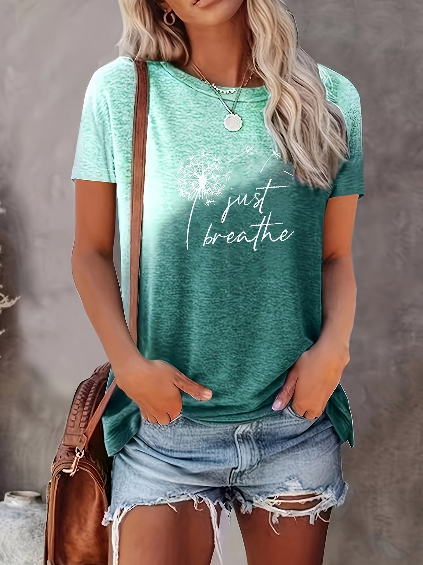 Just Breathe & Dandelion Print T-shirt, Casual Crew Neck Short Sleeve Top, Women's Clothing - Mammalook