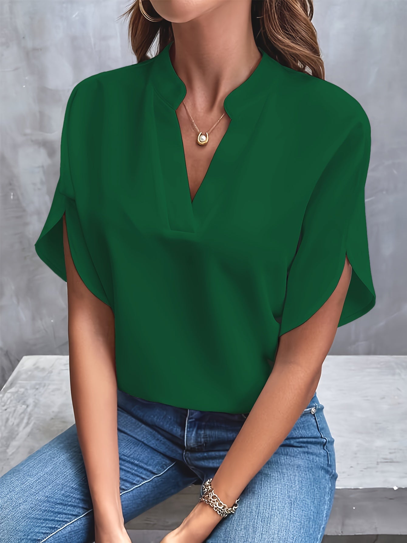 Solid Color Notch Neck Blouse, Casual Short Split Sleeve Blouse For Spring & Summer, Women's Clothing - Mammalook