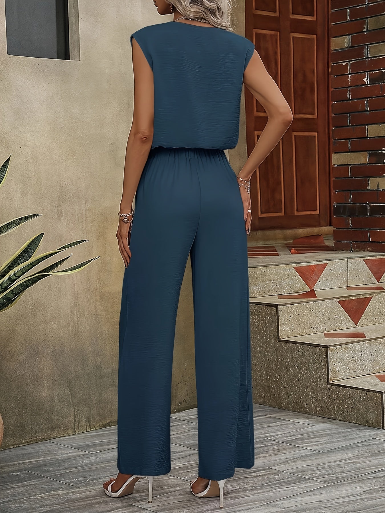 Vibrant Summer Pants Set for Women - Notched Collar V-Neck Tank Top & Belted Straight Leg Pants with No Elasticity - Polyester, Machine Washable, Solid Color, Elegant Style - Mammalook