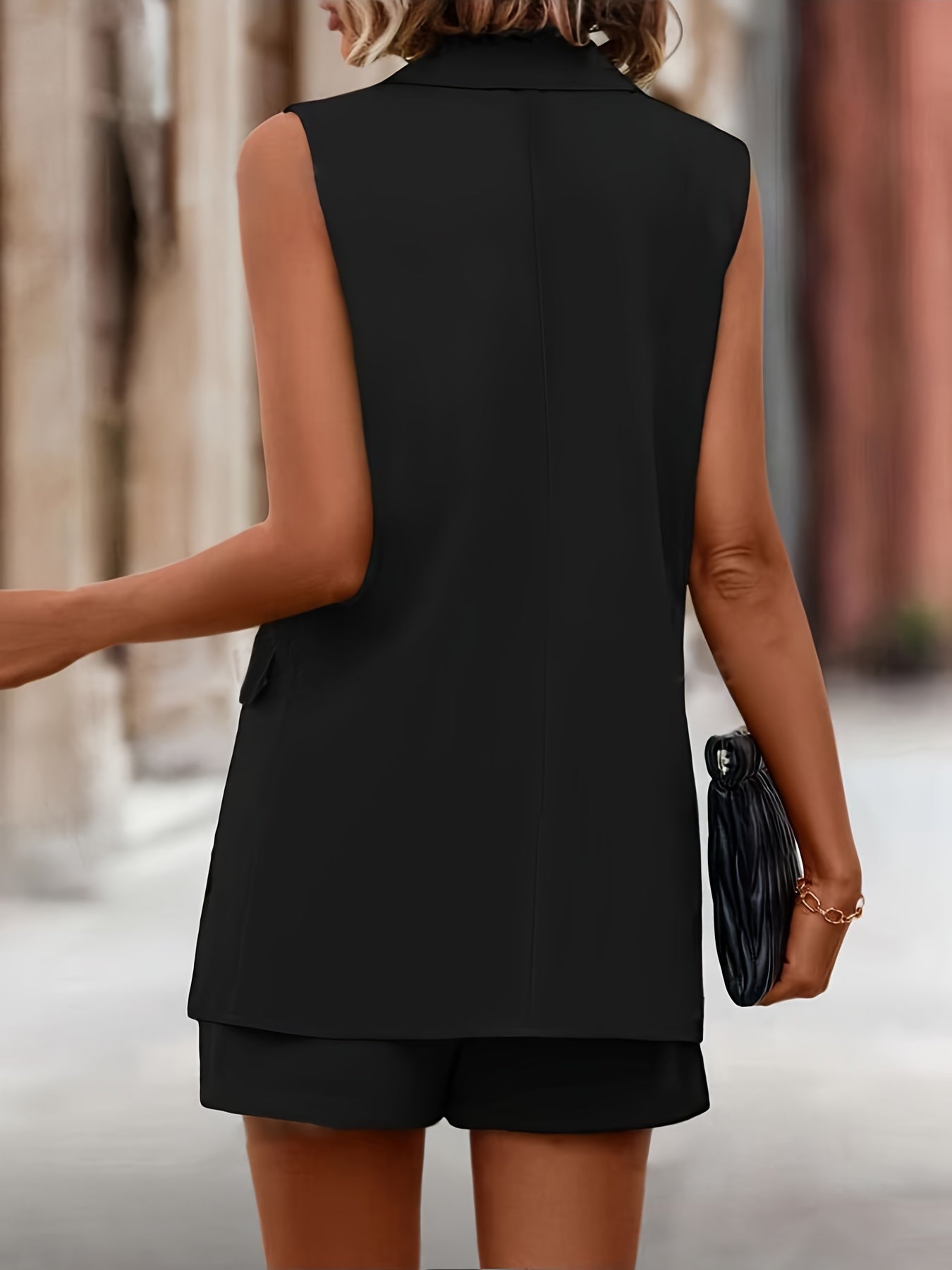 Solid Color Elegant Set, Single Button Sleeveless Blazer Vest & Slant Pocket Shorts, Women's Clothing - Mammalook