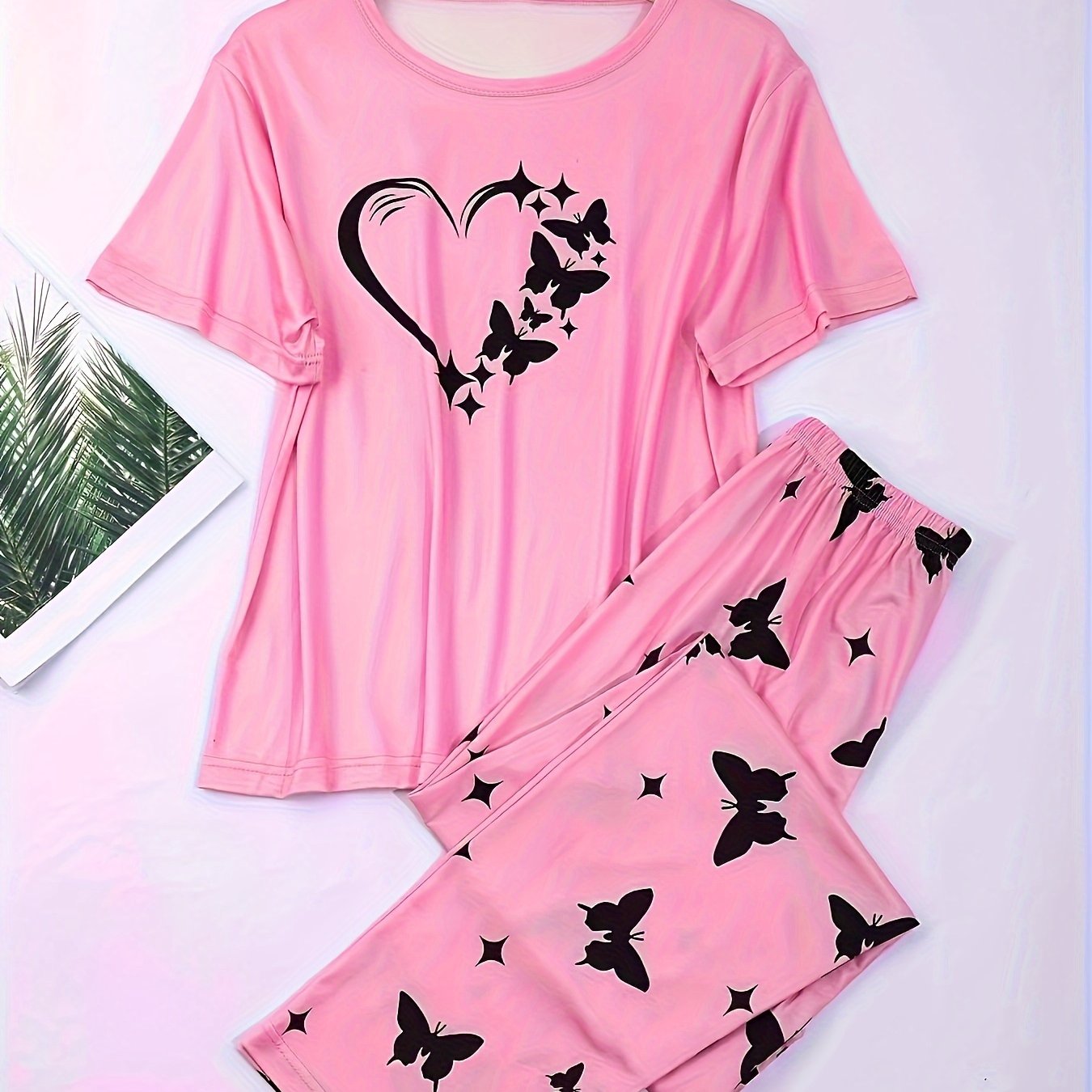 Women's Heart & Butterfly Print Pajama Set - Comfortable Short Sleeve Top and Loose Long Pants for Lounging and Sleeping - Mammalook