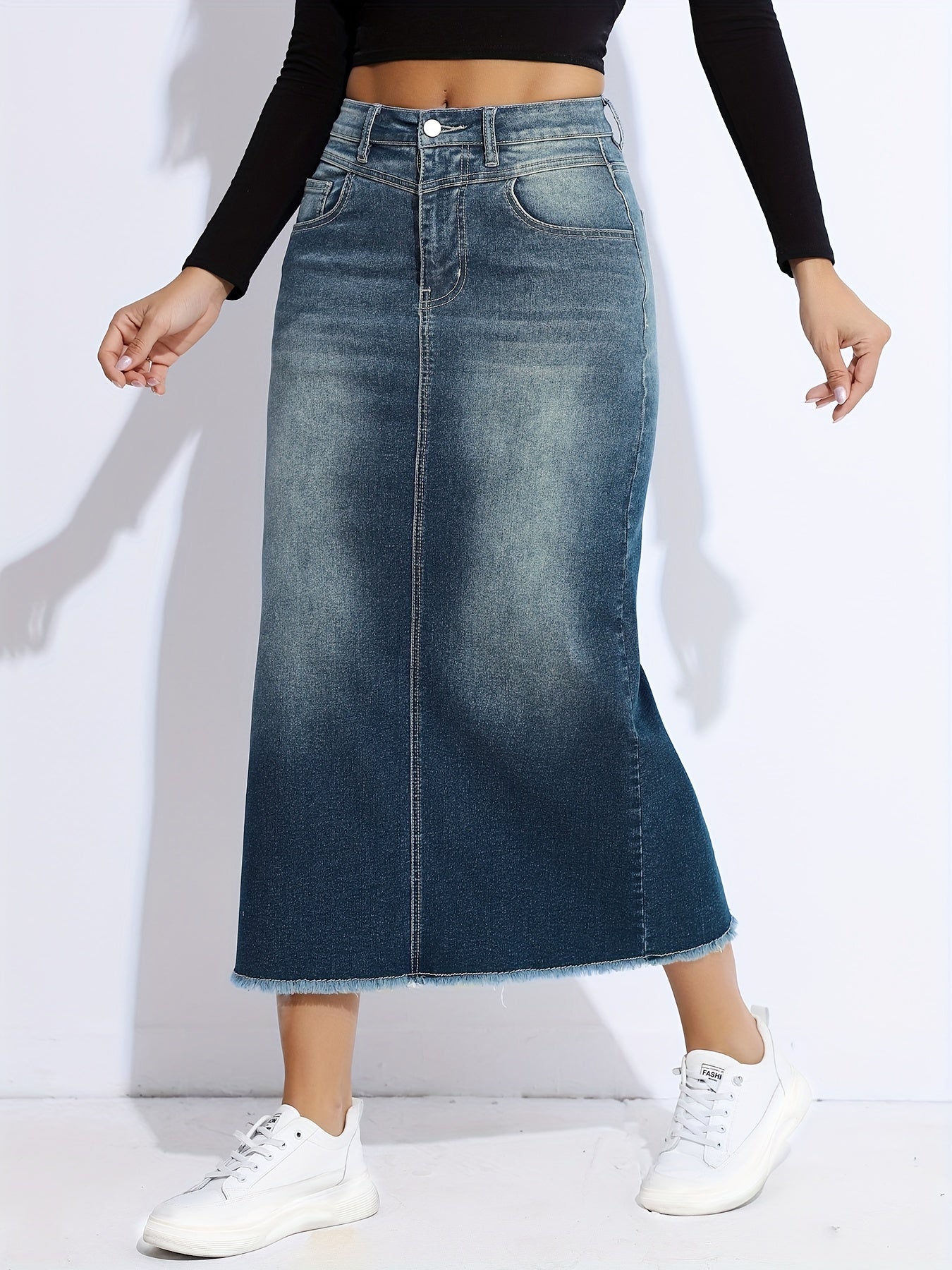 Blue Raw Hem Denim Skirt, High-Stretch Slant Pockets Split Back Denim Midi Skirt, Women's Denim Clothing - Mammalook