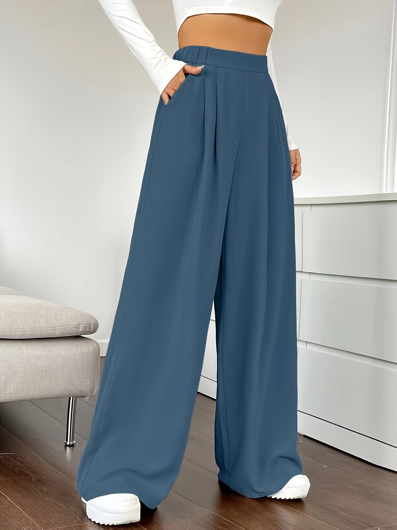 Solid Color High Waist Pants, Elegant Dual Pockets Wide Leg Pants For Spring & Summer, Women's Clothing - Mammalook