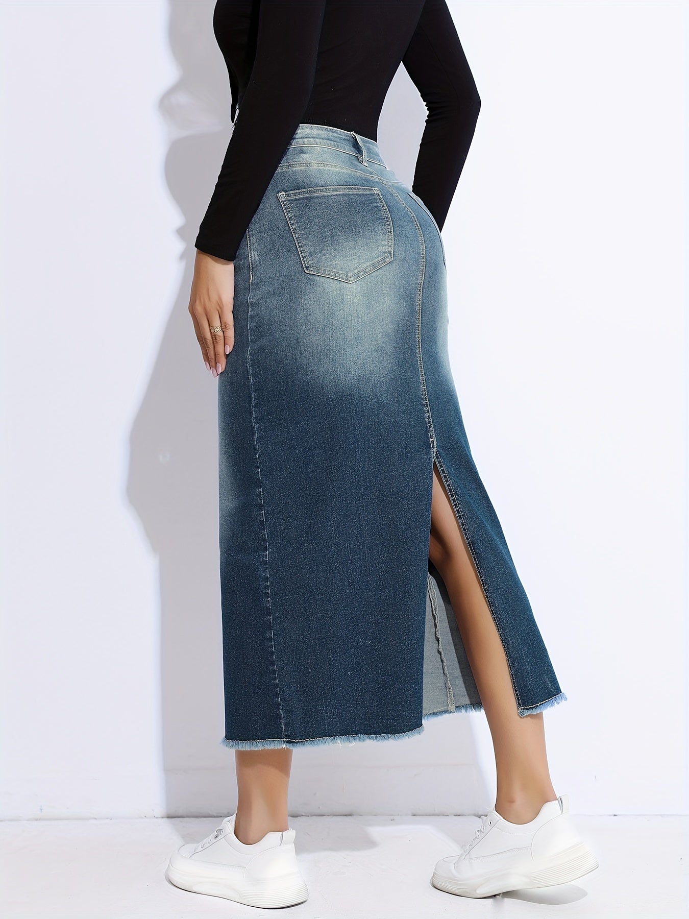 Blue Raw Hem Denim Skirt, High-Stretch Slant Pockets Split Back Denim Midi Skirt, Women's Denim Clothing - Mammalook