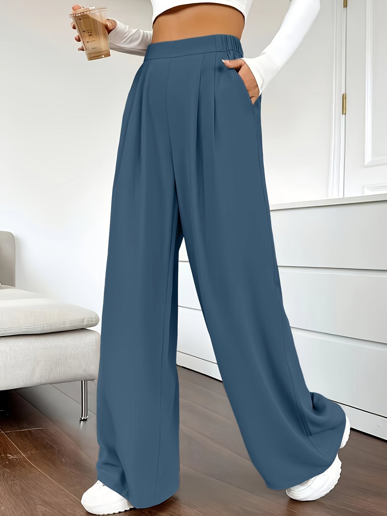 Solid Color High Waist Pants, Elegant Dual Pockets Wide Leg Pants For Spring & Summer, Women's Clothing - Mammalook