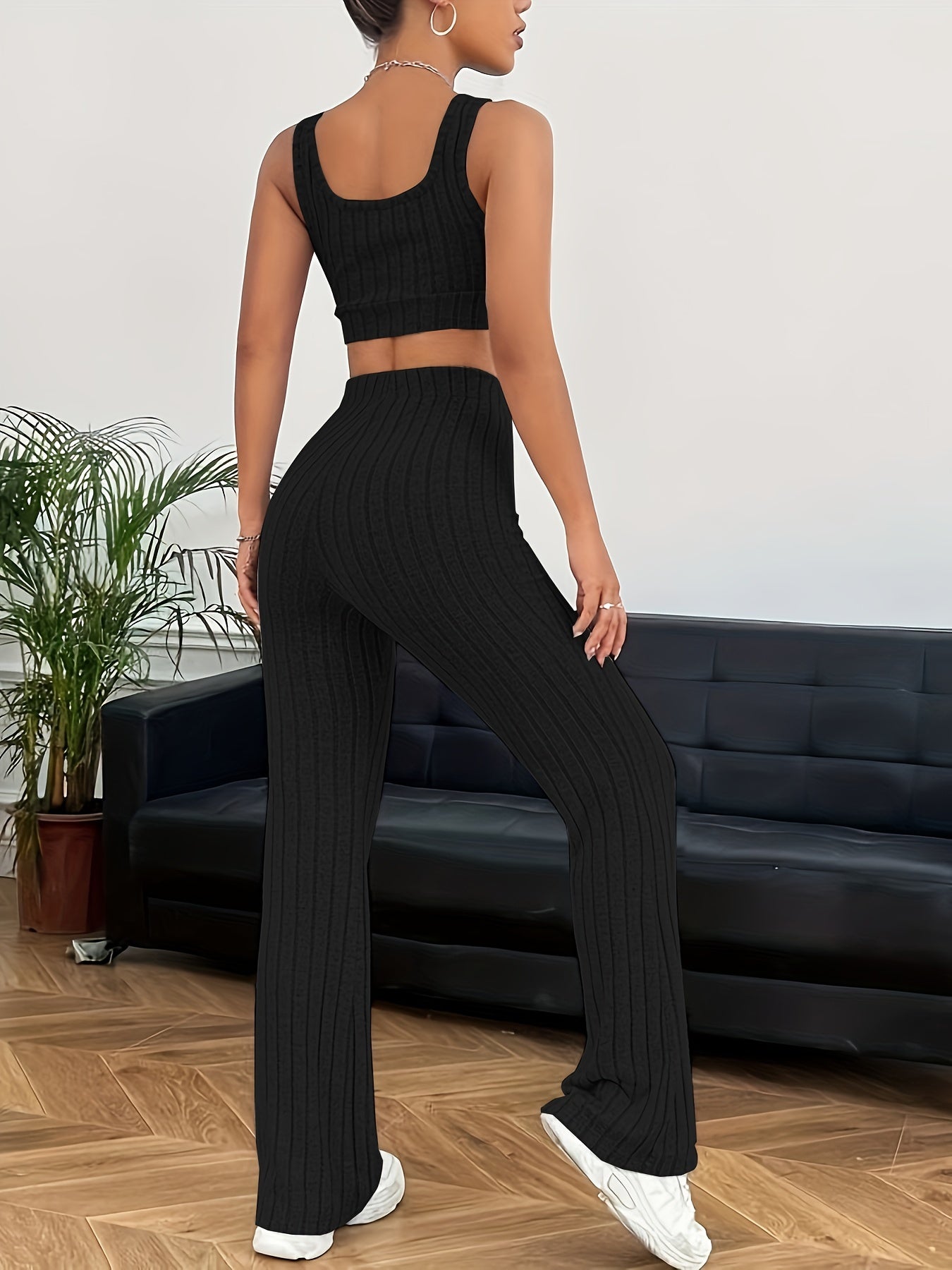 Ribbed Casual Two-piece Set, Crop Tank Top & High Waist Pants Outfits, Women's Clothing - Mammalook