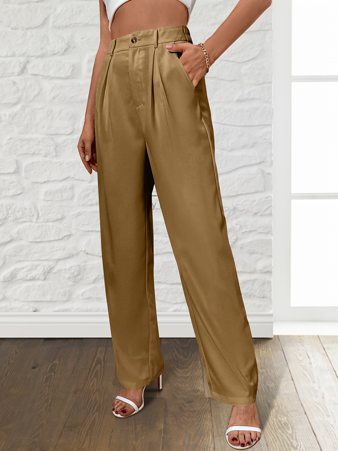 Solid Loose Straight Leg Pants, Casual Draped Pants With Pocket, Women's Clothing - Mammalook