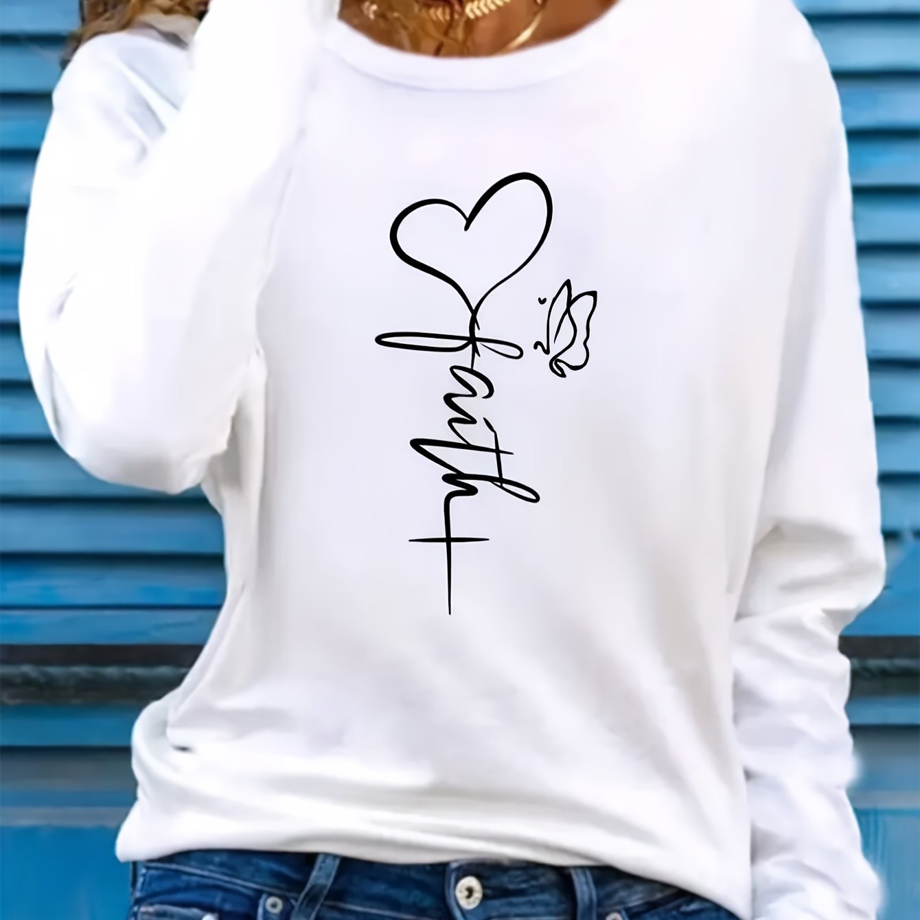 Butterfly & Heart Print Crew Neck T-Shirt, Casual Long Sleeve T-Shirt For Spring & Fall, Women's Clothing - Mammalook