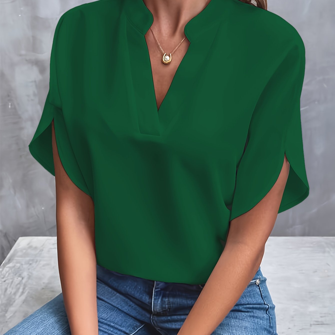 Solid Color Notch Neck Blouse, Casual Short Split Sleeve Blouse For Spring & Summer, Women's Clothing - Mammalook