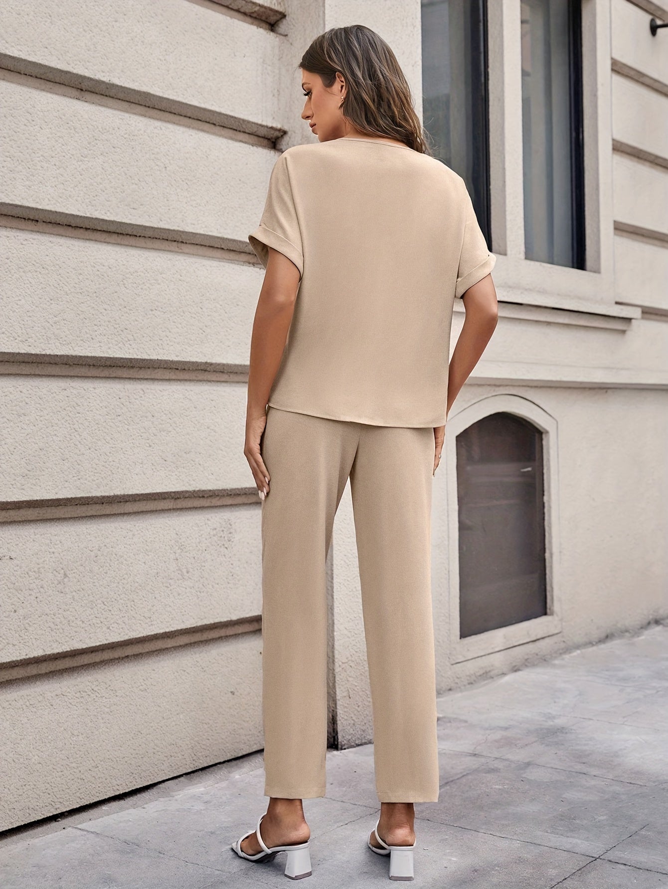 Elegant Solid Color Pants Set, Notched Neck Short Sleeve Blouse & Belted Straight Leg Simple Pants, Women's Clothing - Mammalook