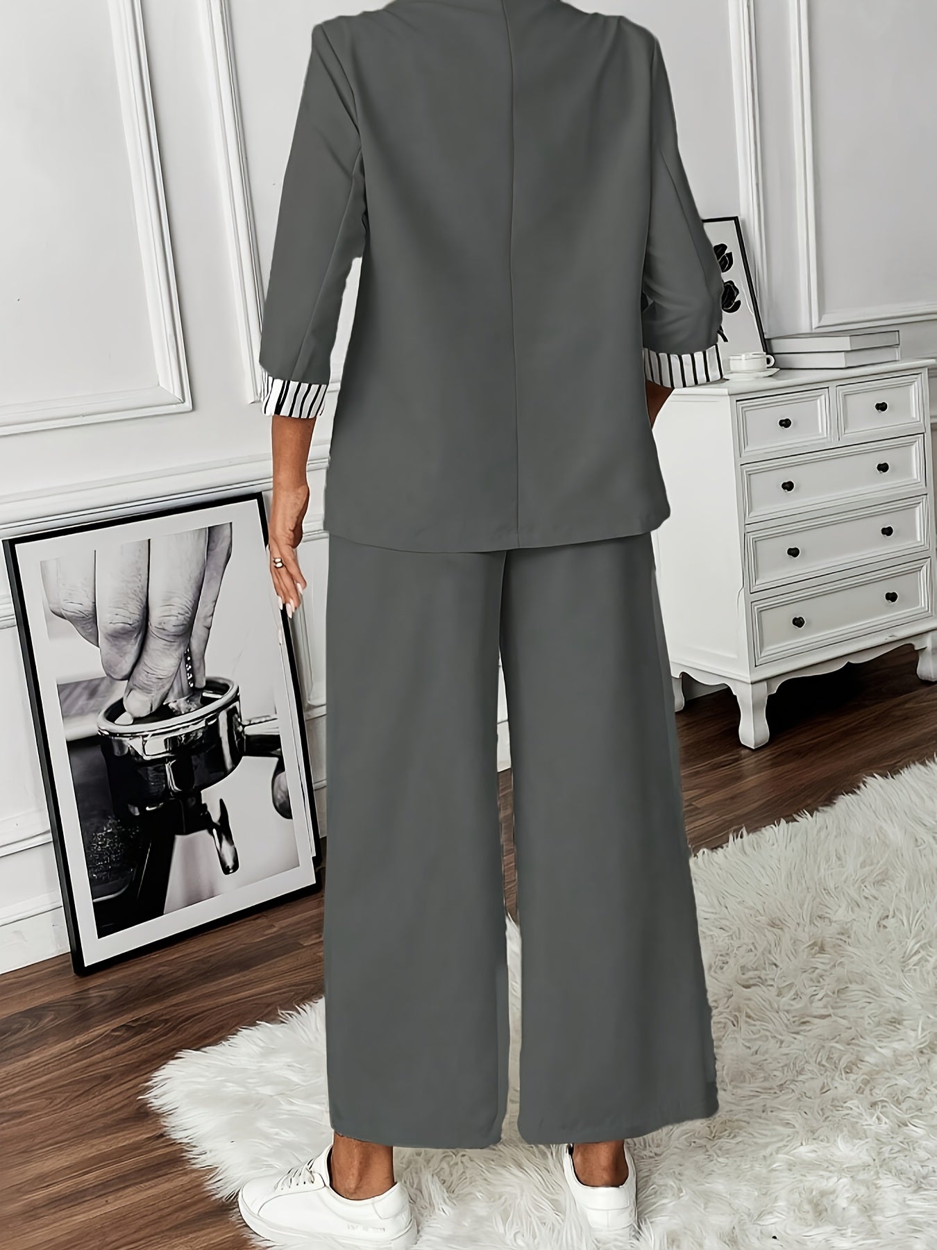 Elegant Two Piece Set, Single-Breasted Pocket Label Neck Striped Three-Quarter Sleeve Blazer & Elastic Waist Wide Leg Pants Outfits, Women's Clothing - Mammalook
