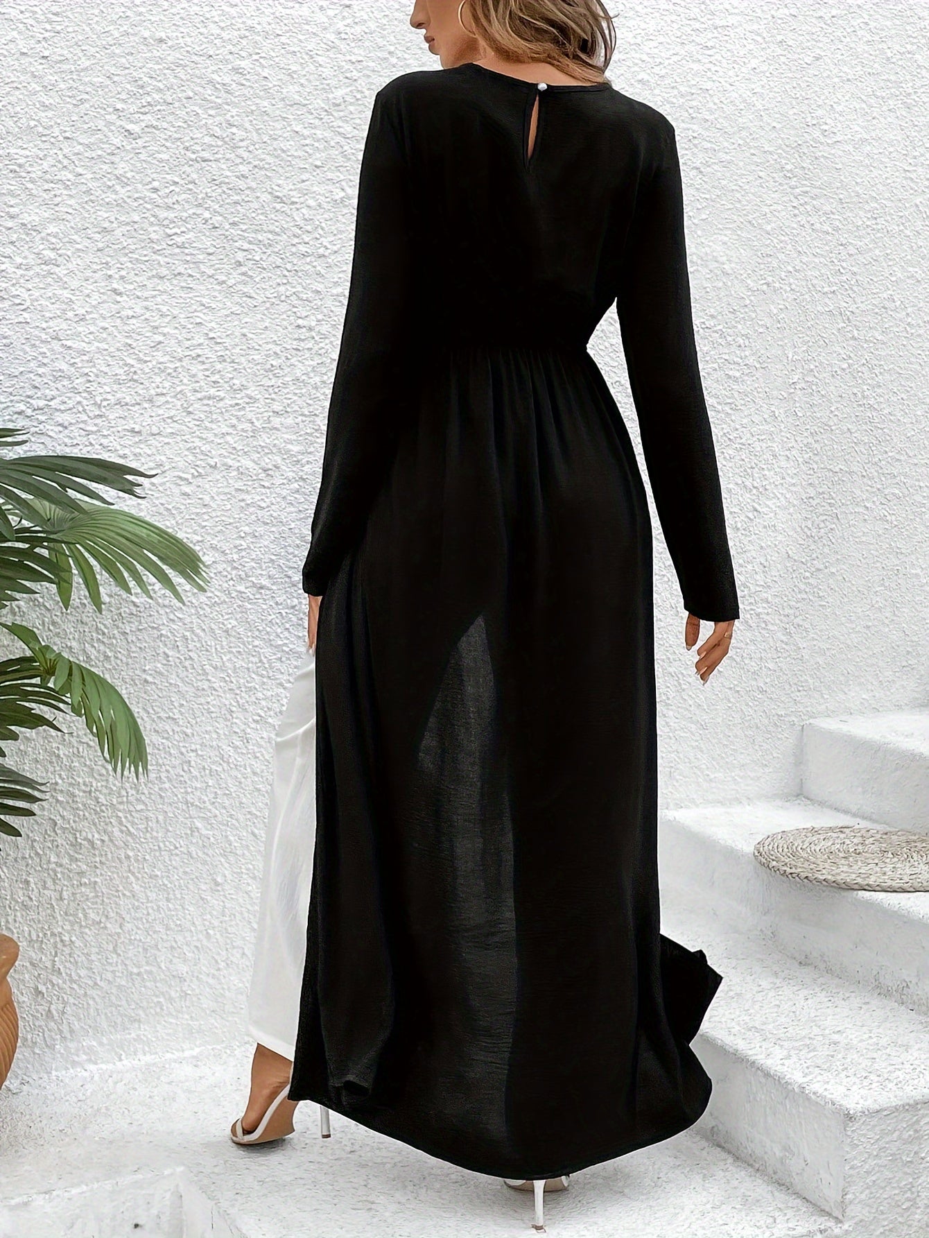 Elegant Color Block Pants Set, Long Sleeve Crew Neck Split Hem Ankle Length Top & Wide Leg Pants Outfits, Women's Clothing - Mammalook