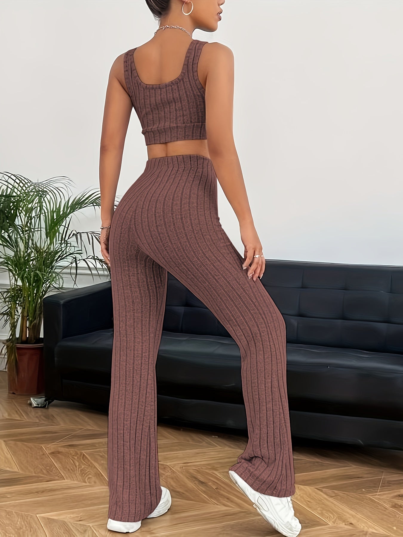 Ribbed Casual Two-piece Set, Crop Tank Top & High Waist Pants Outfits, Women's Clothing - Mammalook