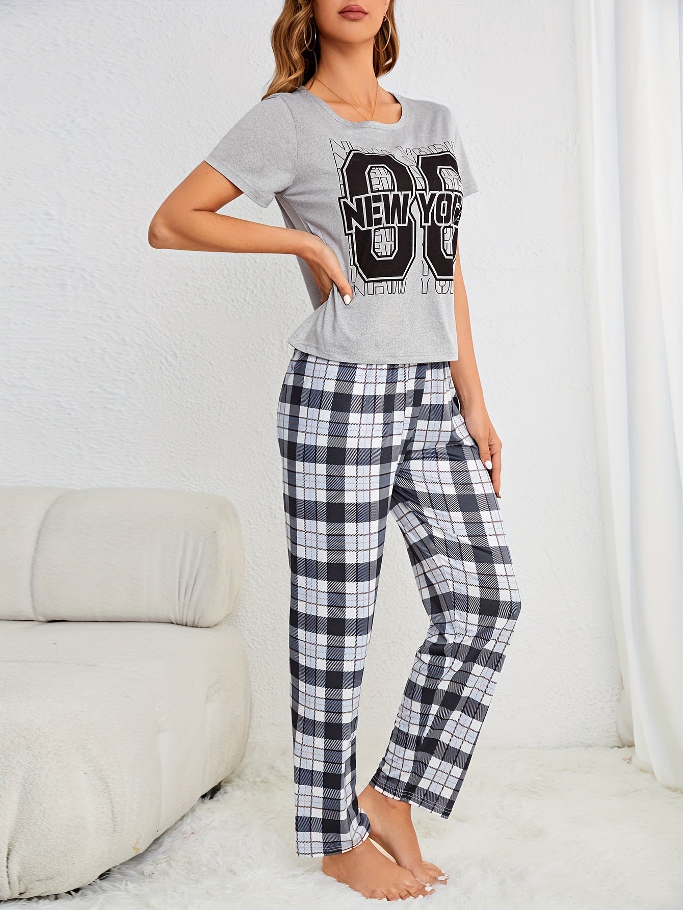 Letter Print Pajama Set, Casual Crew Neck Short Sleeve Tee Top & Plaid Print Elastic Waistband Pants, Women's Sleepwear & Loungewear - Mammalook