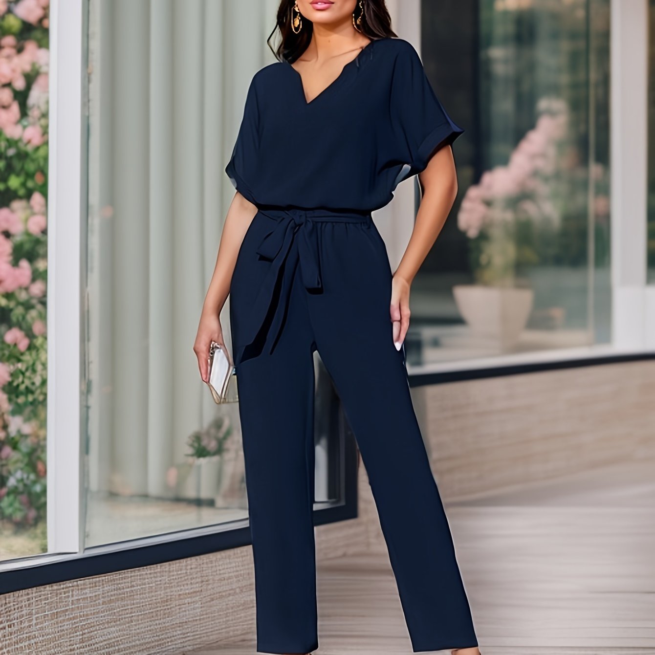Elegant Solid Color Pants Set, Notched Neck Short Sleeve Blouse & Belted Straight Leg Simple Pants, Women's Clothing - Mammalook
