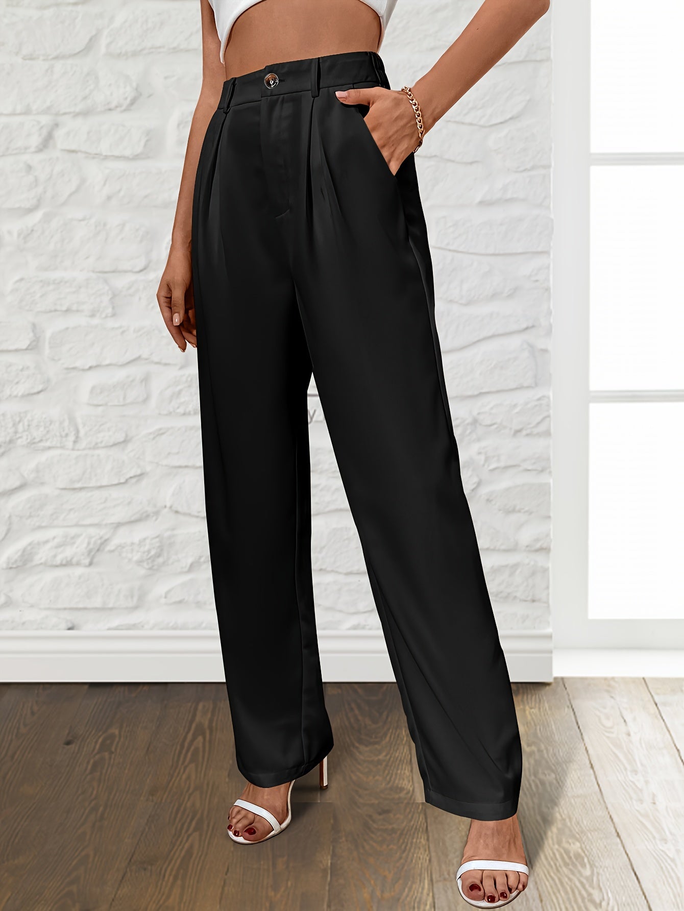 Solid Loose Straight Leg Pants, Casual Draped Pants With Pocket, Women's Clothing - Mammalook
