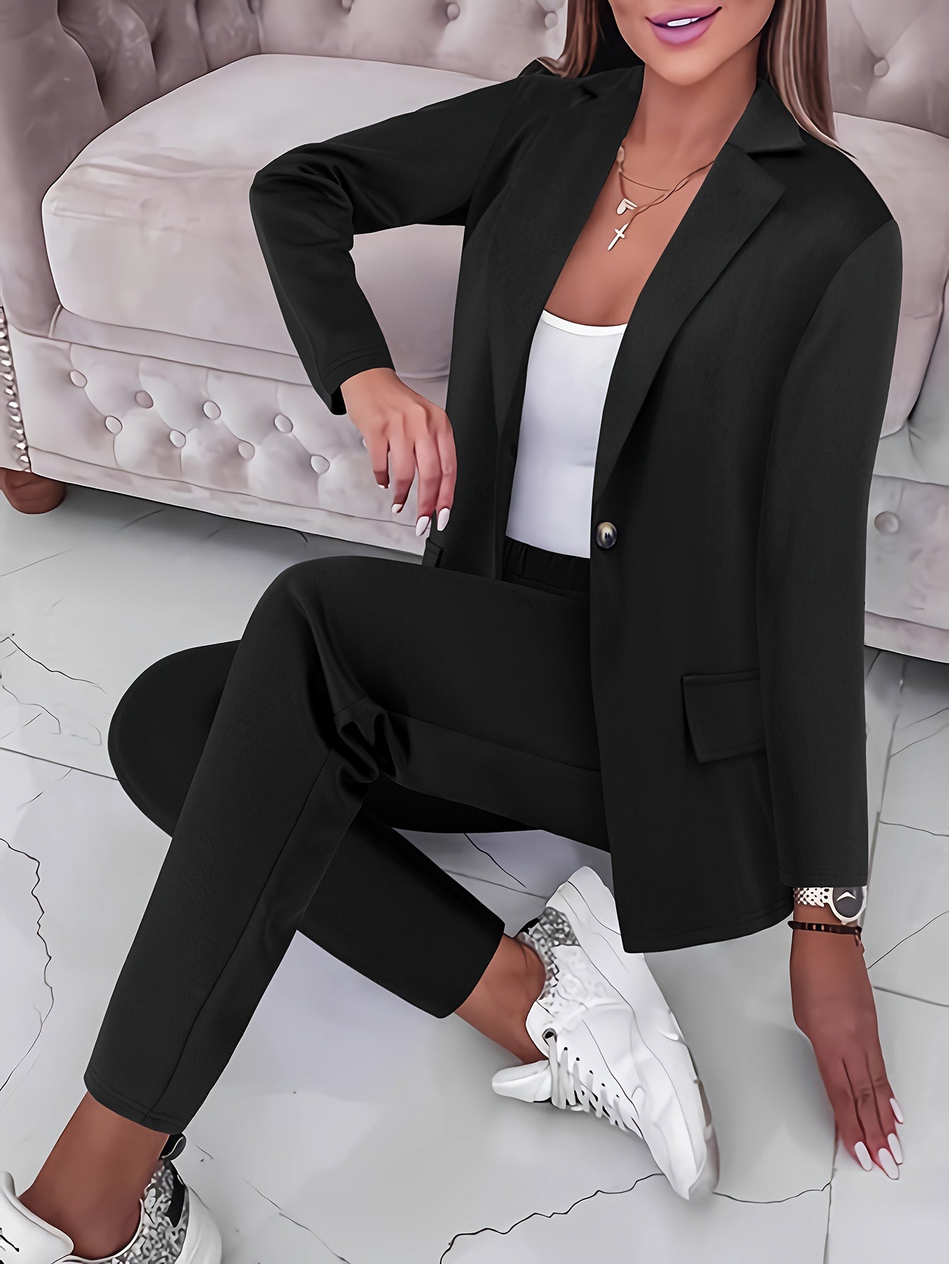 Casual Office & Work Pants Set, Single Breasted Lapel Blazer & Solid Color Simple Pants, Women's Clothing - Mammalook