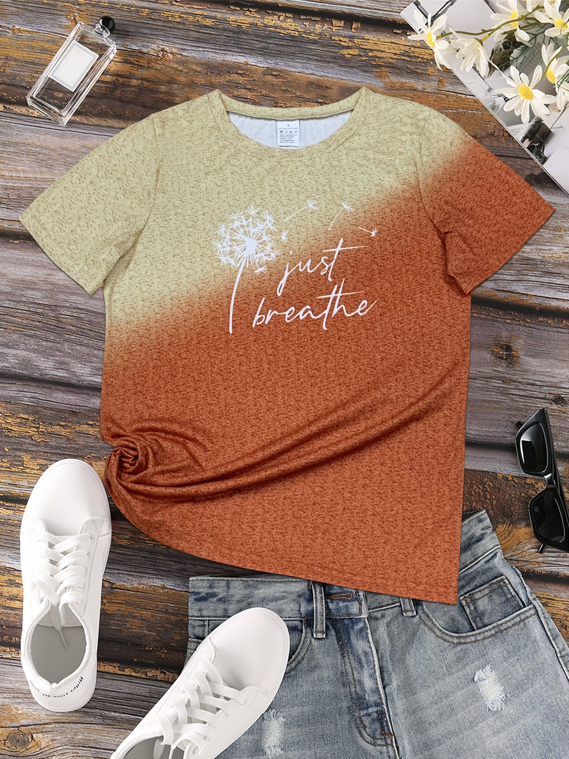 Just Breathe & Dandelion Print T-shirt, Casual Crew Neck Short Sleeve Top, Women's Clothing - Mammalook