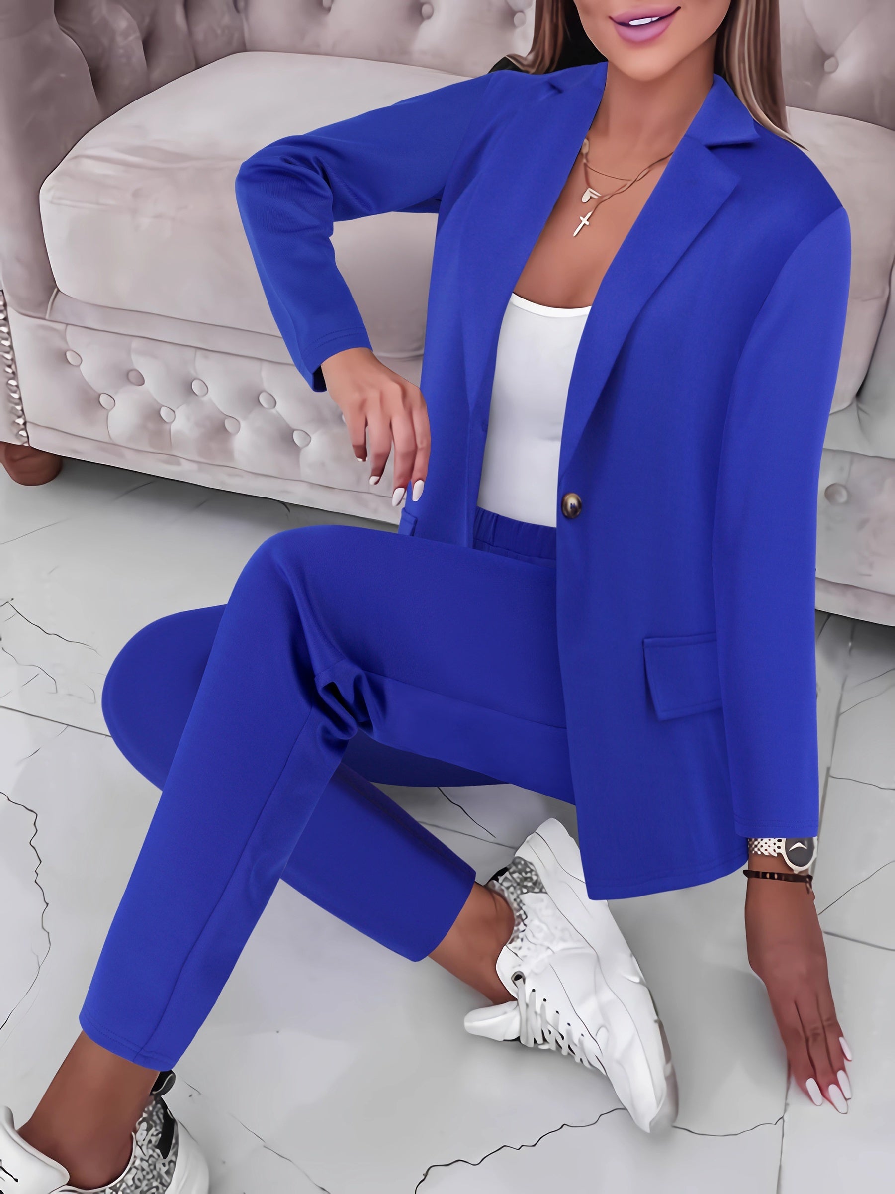 Casual Office & Work Pants Set, Single Breasted Lapel Blazer & Solid Color Simple Pants, Women's Clothing - Mammalook