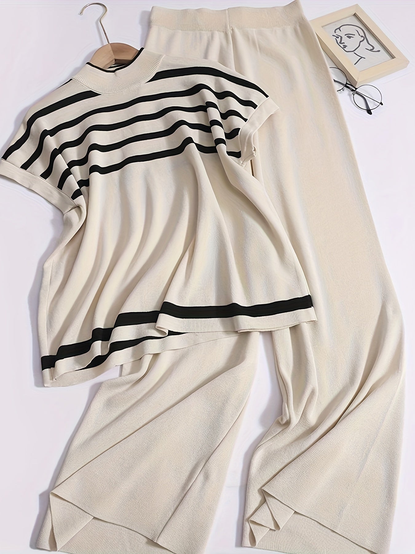 Striped Print Elegant Pantsuit for Women - Crew Neck, Micro Elasticity, Viscose Material, Wide Leg, Batwing Sleeve, Knit Fabric - Perfect for Spring and Summer Outfits - Mammalook