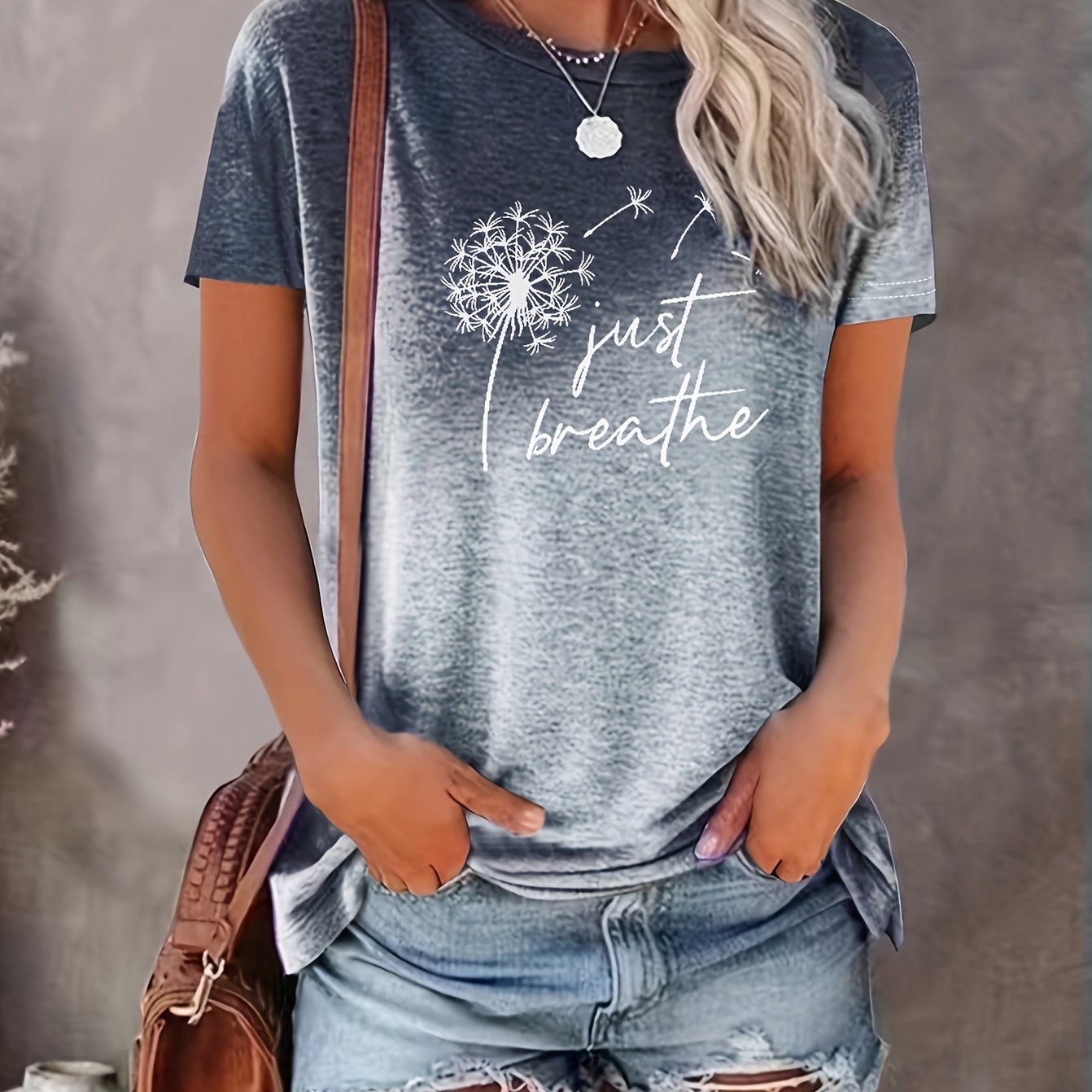 Just Breathe & Dandelion Print T-shirt, Casual Crew Neck Short Sleeve Top, Women's Clothing - Mammalook