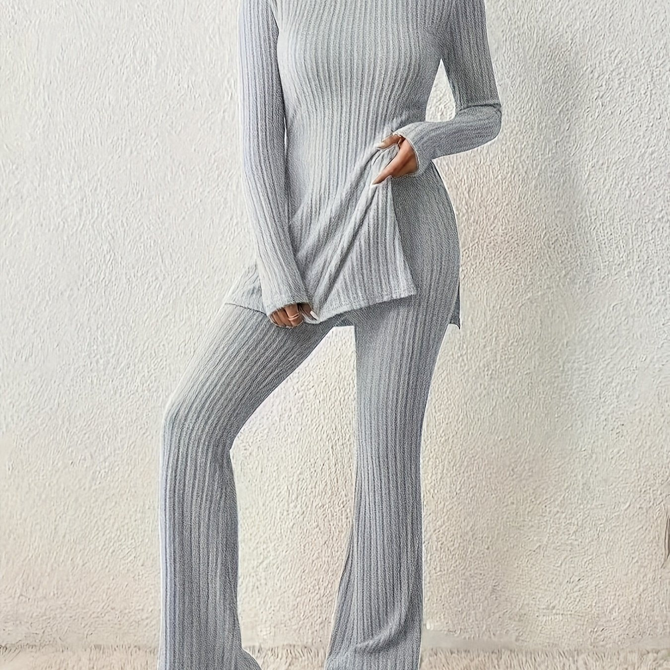 Ribbed Solid Two-piece Set, Split Crew Neck Long Sleeve Tops & Flared Leg Pants Outfits, Women's Clothing - Mammalook