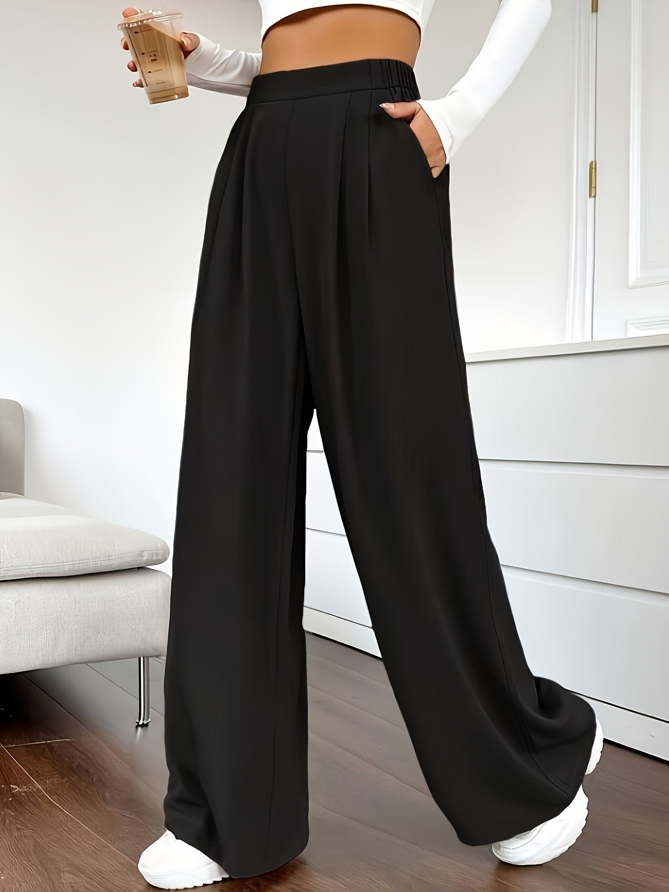 Solid Color High Waist Pants, Elegant Dual Pockets Wide Leg Pants For Spring & Summer, Women's Clothing - Mammalook