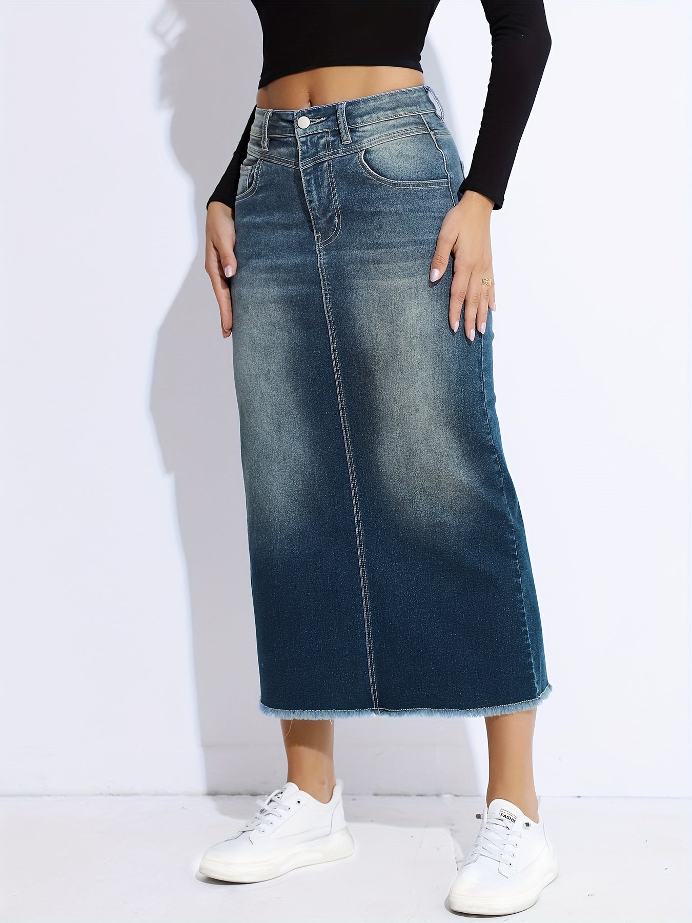 Blue Raw Hem Denim Skirt, High-Stretch Slant Pockets Split Back Denim Midi Skirt, Women's Denim Clothing - Mammalook