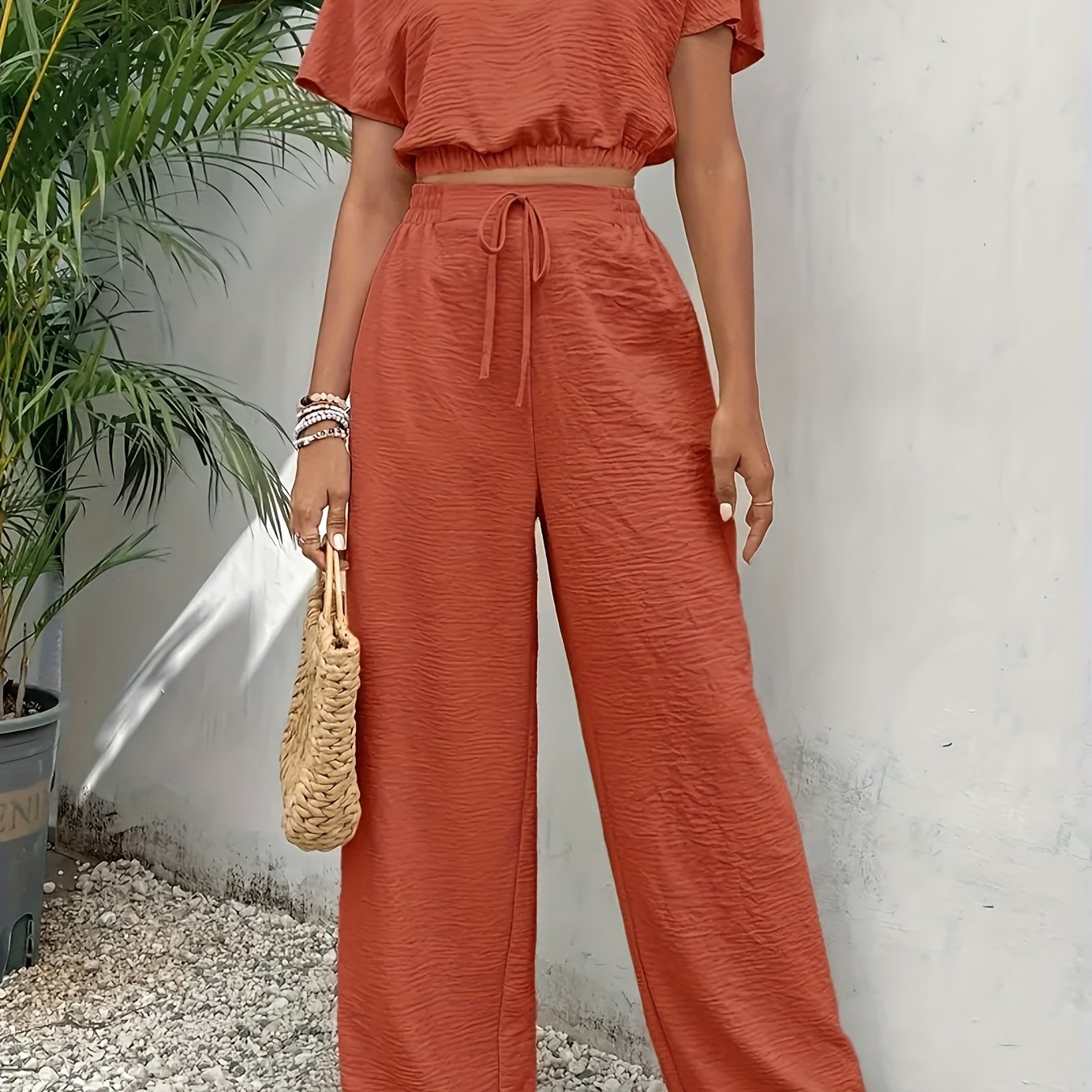 Solid Color Casual Pants Set, Crew Neck Short Sleeve Top & Tie Front Pants Outfits, Women's Clothing - Mammalook