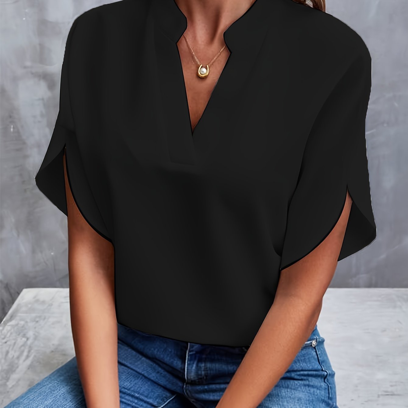 Solid Color Notch Neck Blouse, Casual Short Split Sleeve Blouse For Spring & Summer, Women's Clothing - Mammalook