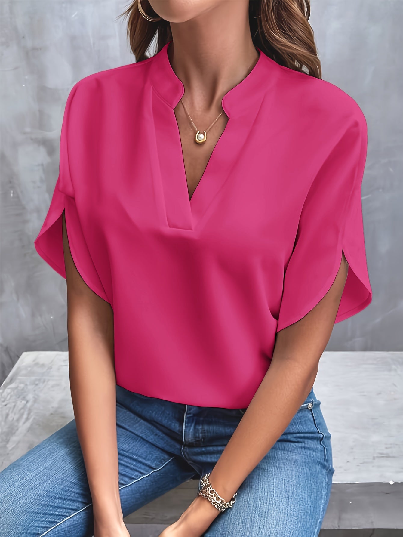 Solid Color Notch Neck Blouse, Casual Short Split Sleeve Blouse For Spring & Summer, Women's Clothing - Mammalook