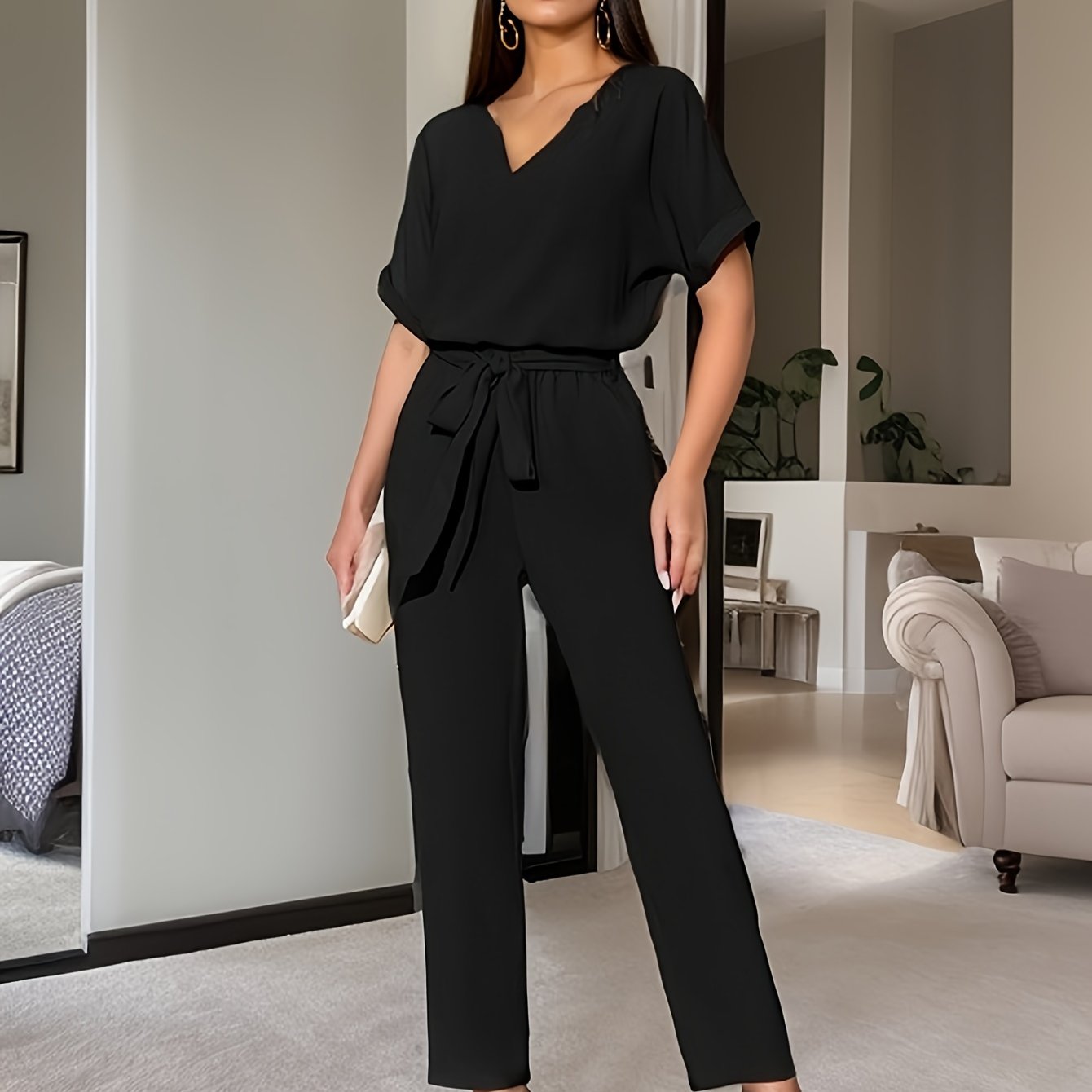 Elegant Solid Color Pants Set, Notched Neck Short Sleeve Blouse & Belted Straight Leg Simple Pants, Women's Clothing - Mammalook
