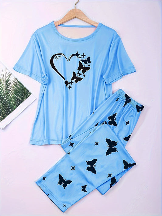 Women's Heart & Butterfly Print Pajama Set - Comfortable Short Sleeve Top and Loose Long Pants for Lounging and Sleeping - Mammalook