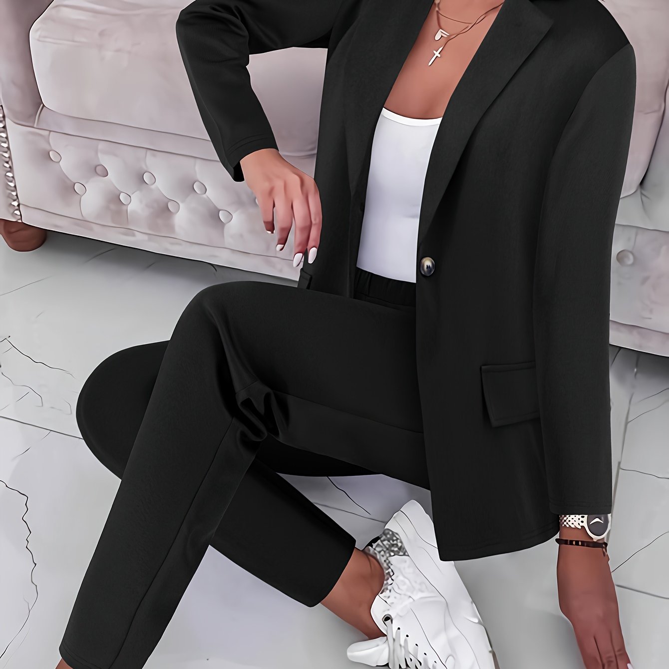 Casual Office & Work Pants Set, Single Breasted Lapel Blazer & Solid Color Simple Pants, Women's Clothing - Mammalook