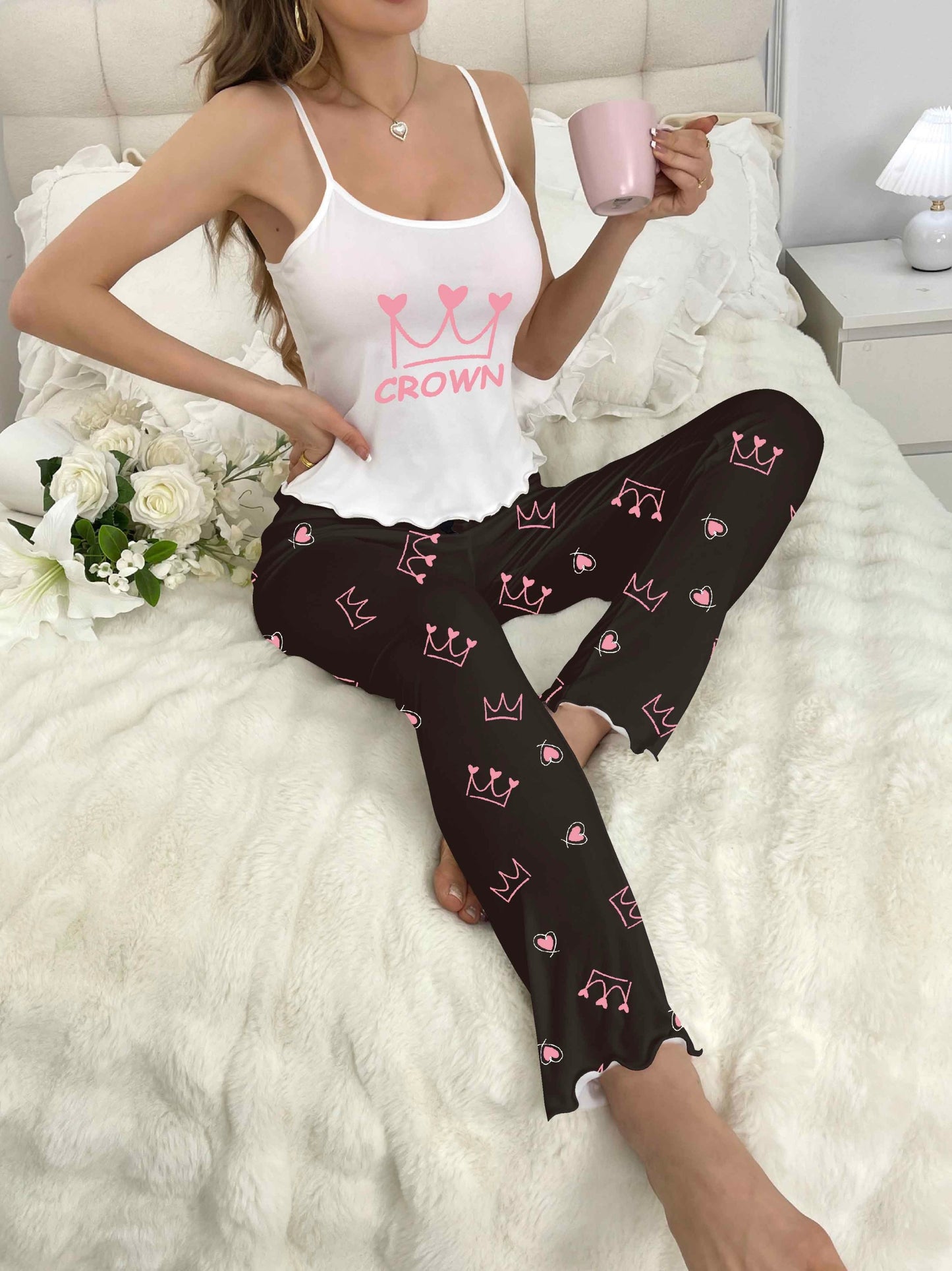 Casual Plaid Heart Print Pajama Set, Crew Neck Cami Top & Elastic Pants For Valentine's Day, Women's Sleepwear & Loungewear - Mammalook