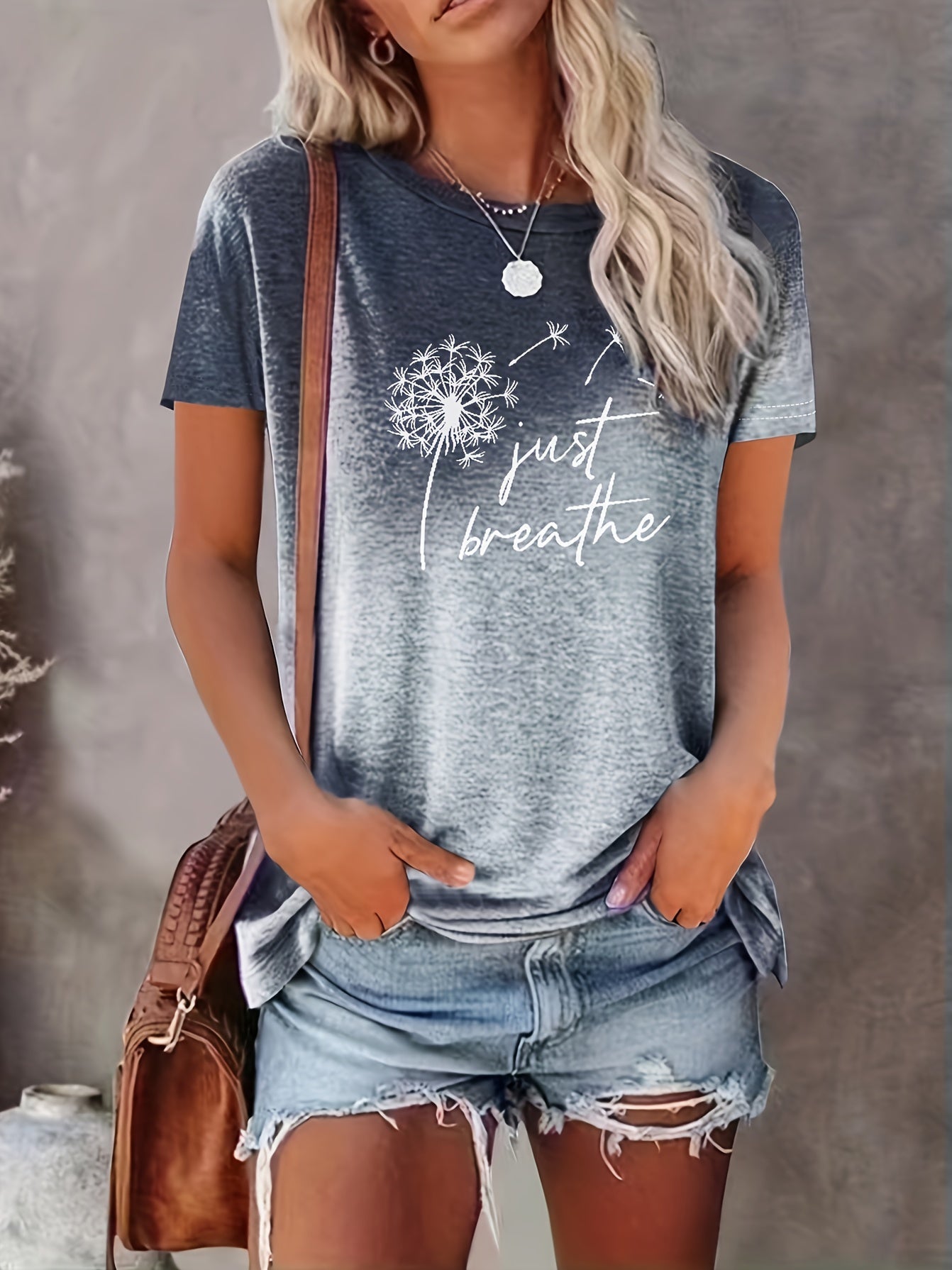 Just Breathe & Dandelion Print T-shirt, Casual Crew Neck Short Sleeve Top, Women's Clothing - Mammalook