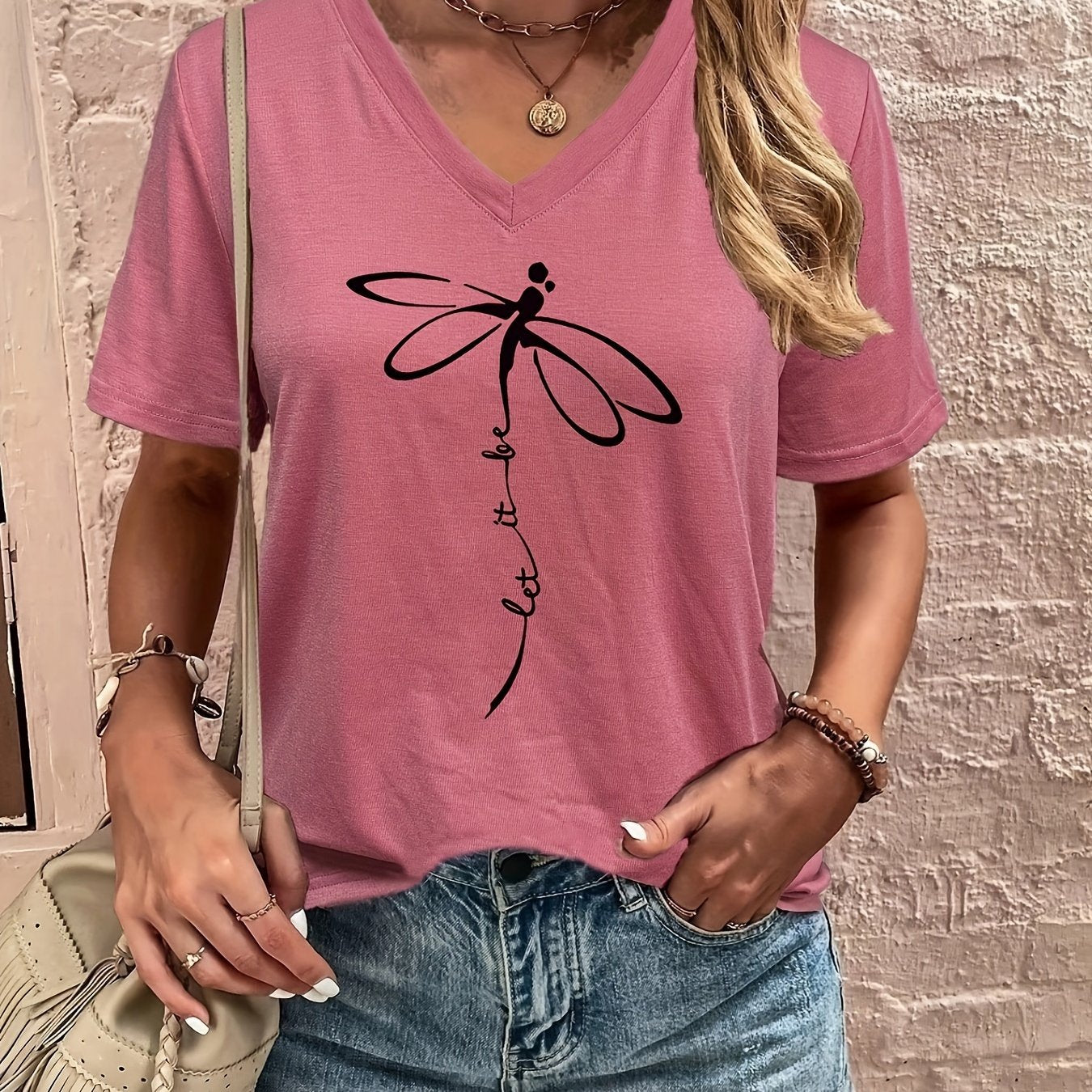 Dragonfly & Letter Print V Neck T-shirt, Casual Short Sleeve T-shirt For Summer, Women's Clothing - Mammalook