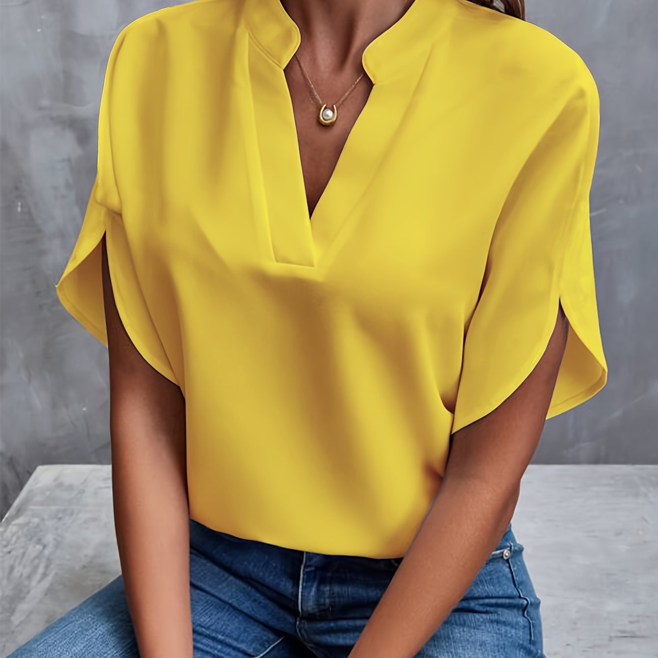 Solid Color Notch Neck Blouse, Casual Short Split Sleeve Blouse For Spring & Summer, Women's Clothing - Mammalook